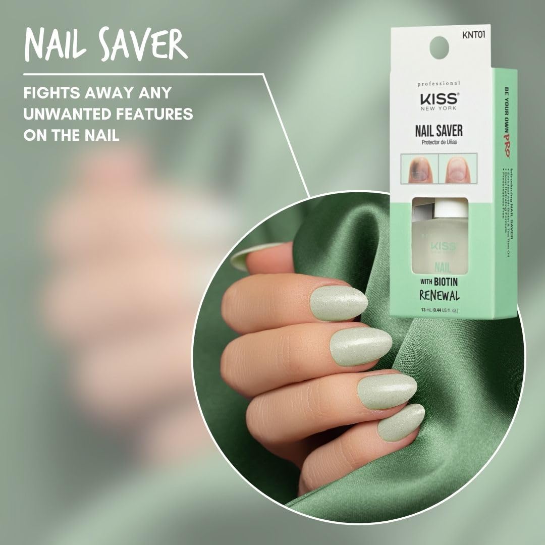 KISS New York KNT01 Nail Saver infographic showing a biotin-infused renewal treatment for improving the appearance of damaged natural nails