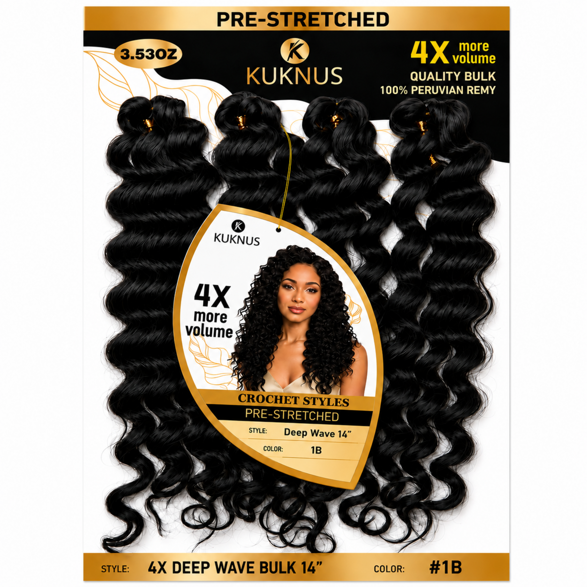 Kuknus 4X Pre-Stretched Peruvian Remy Quality Deep Wave Bulk Hair 14" (1B) 