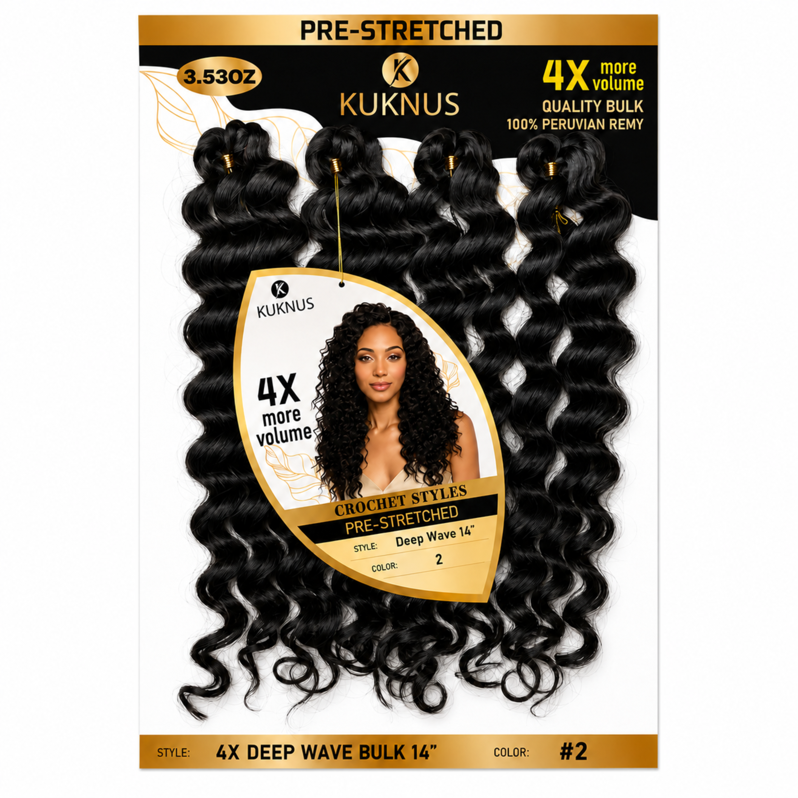 Kuknus 4X Pre-Stretched Peruvian Remy Quality Deep Wave Bulk Hair 14" (2)