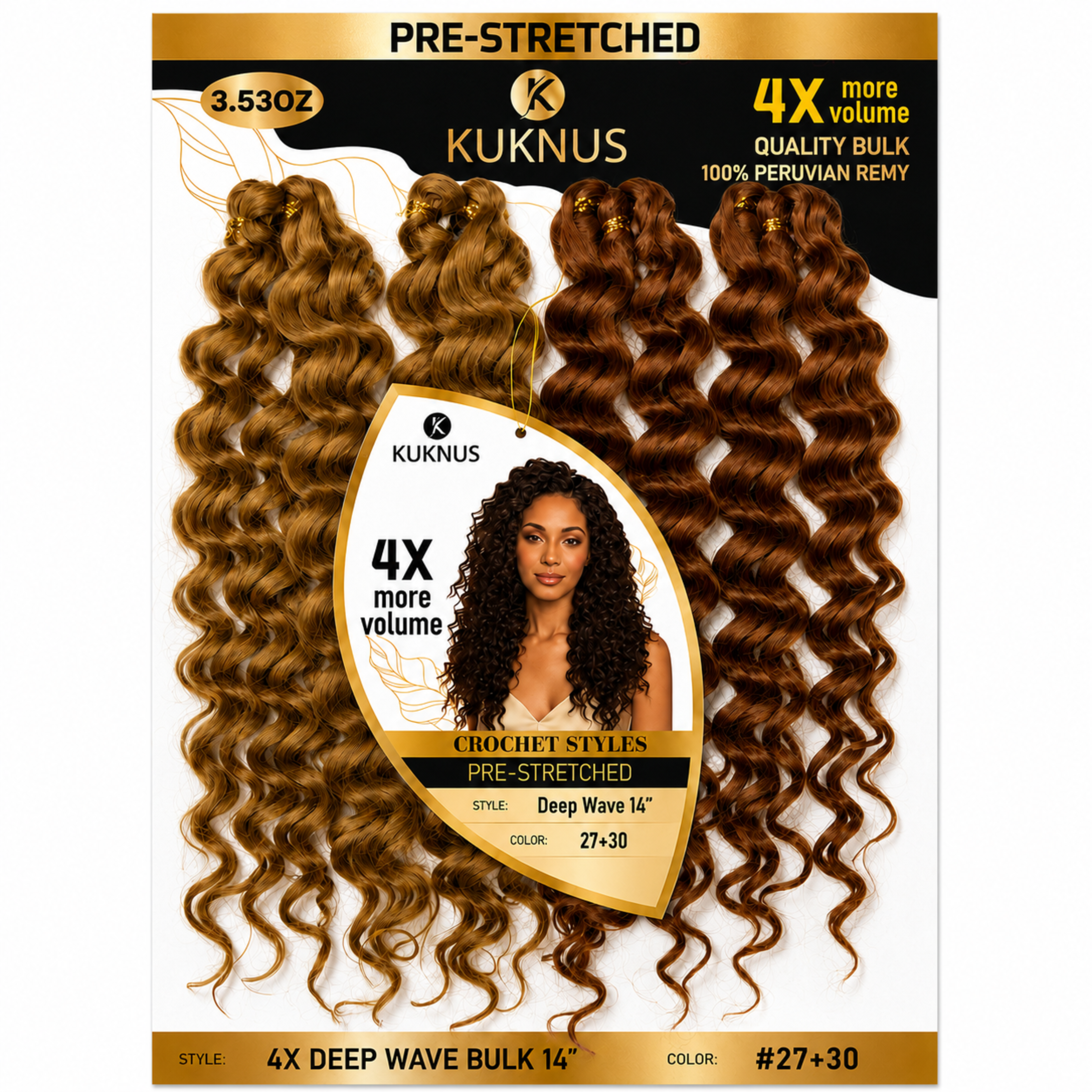 Kuknus 4X Pre-Stretched Peruvian Remy Quality Deep Wave Bulk Hair 14" (27+30)