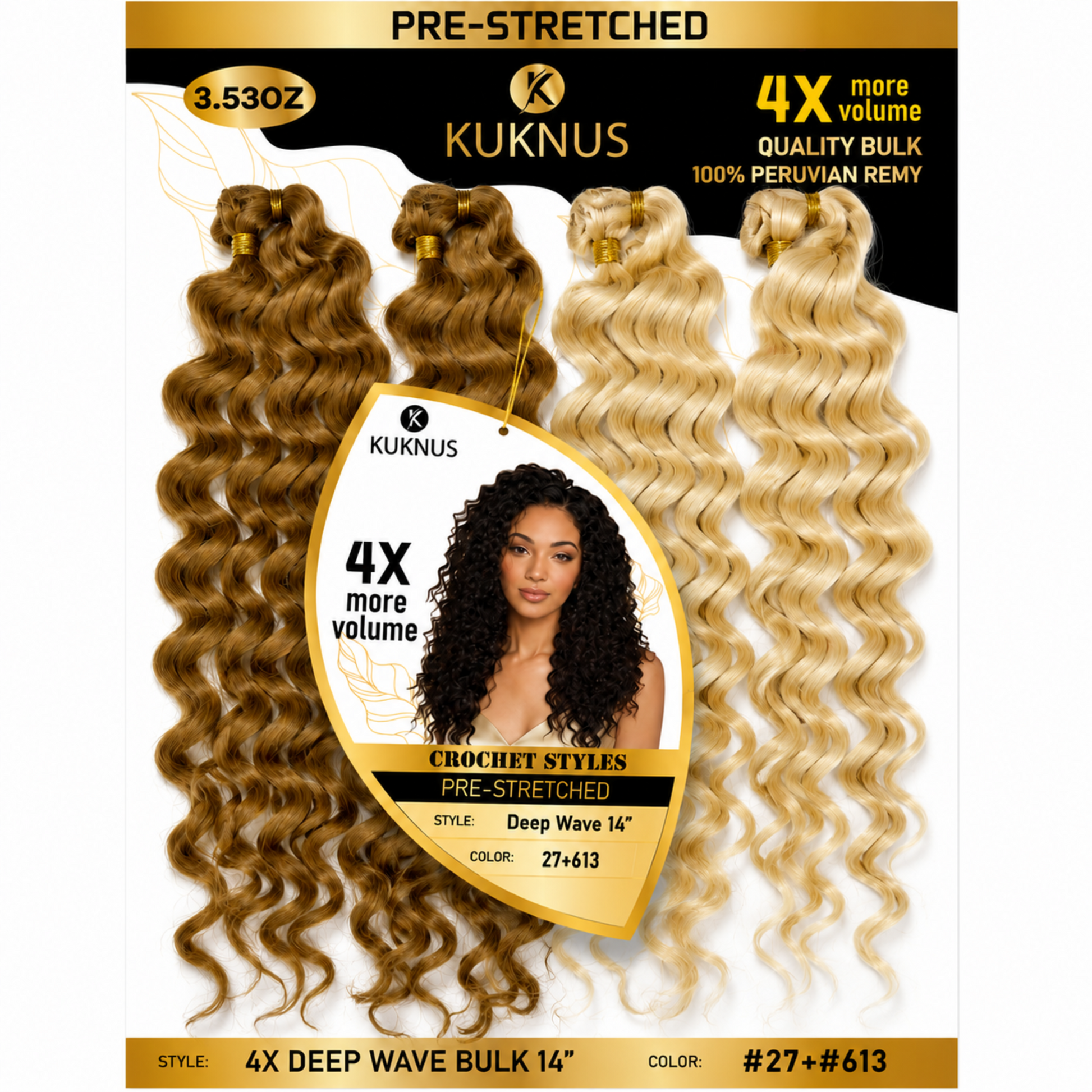 Kuknus 4X Pre-Stretched Peruvian Remy Quality Deep Wave Bulk Hair 14" (27+613)