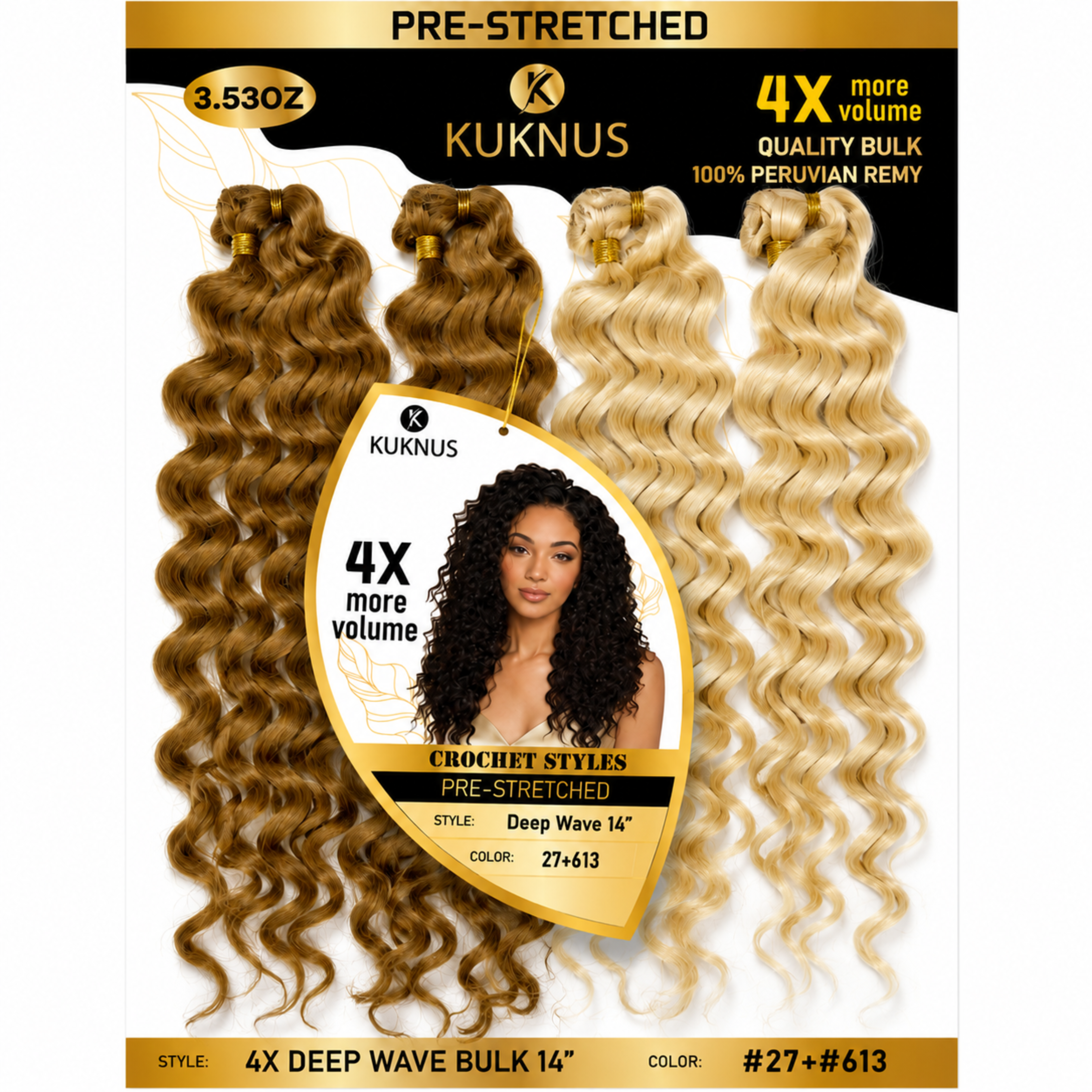Kuknus 4X Pre-Stretched Peruvian Remy Quality Deep Wave Bulk Hair 14" (27+613)