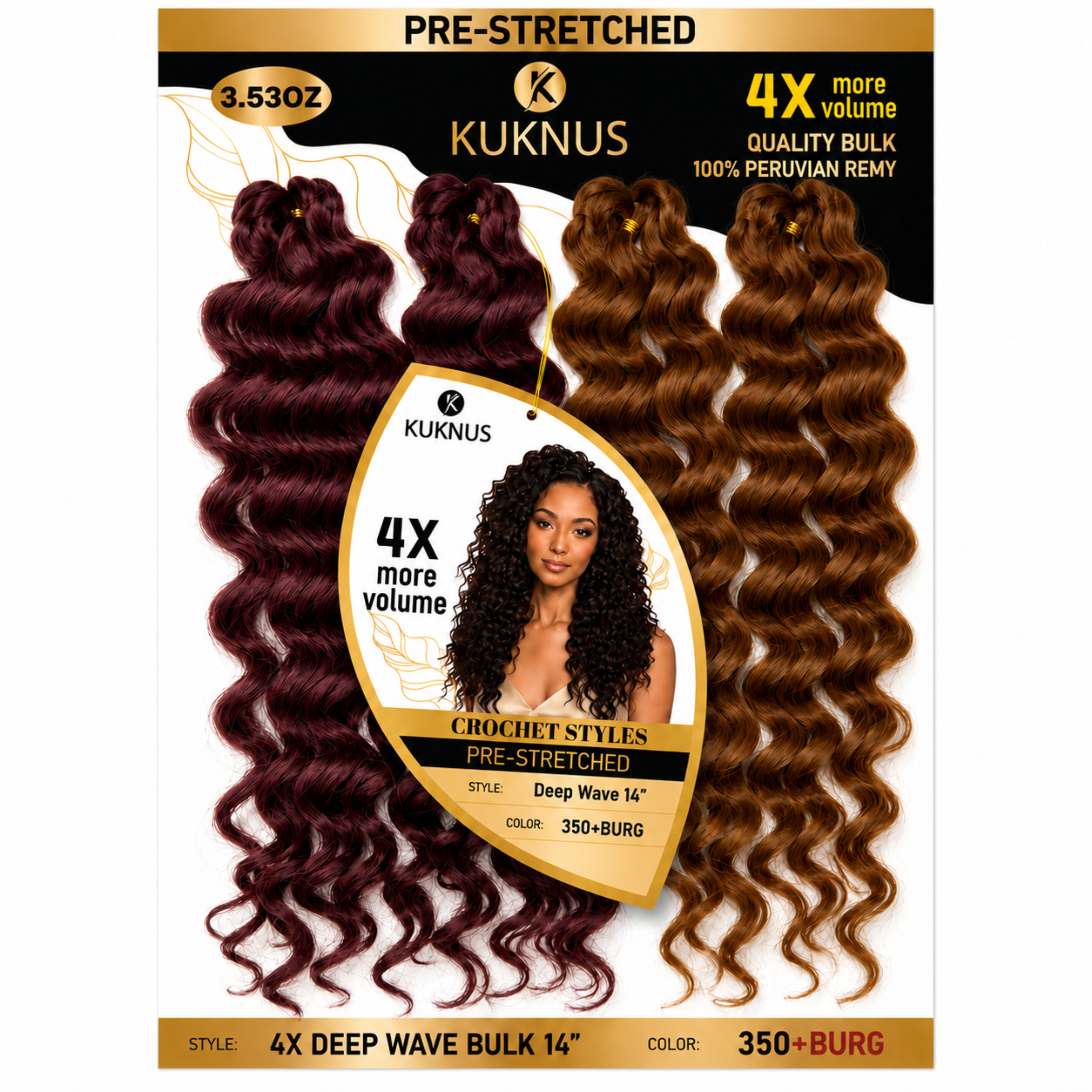 Kuknus 4X Pre-Stretched Peruvian Remy Quality Deep Wave Bulk Hair 14" (350+BURG)
