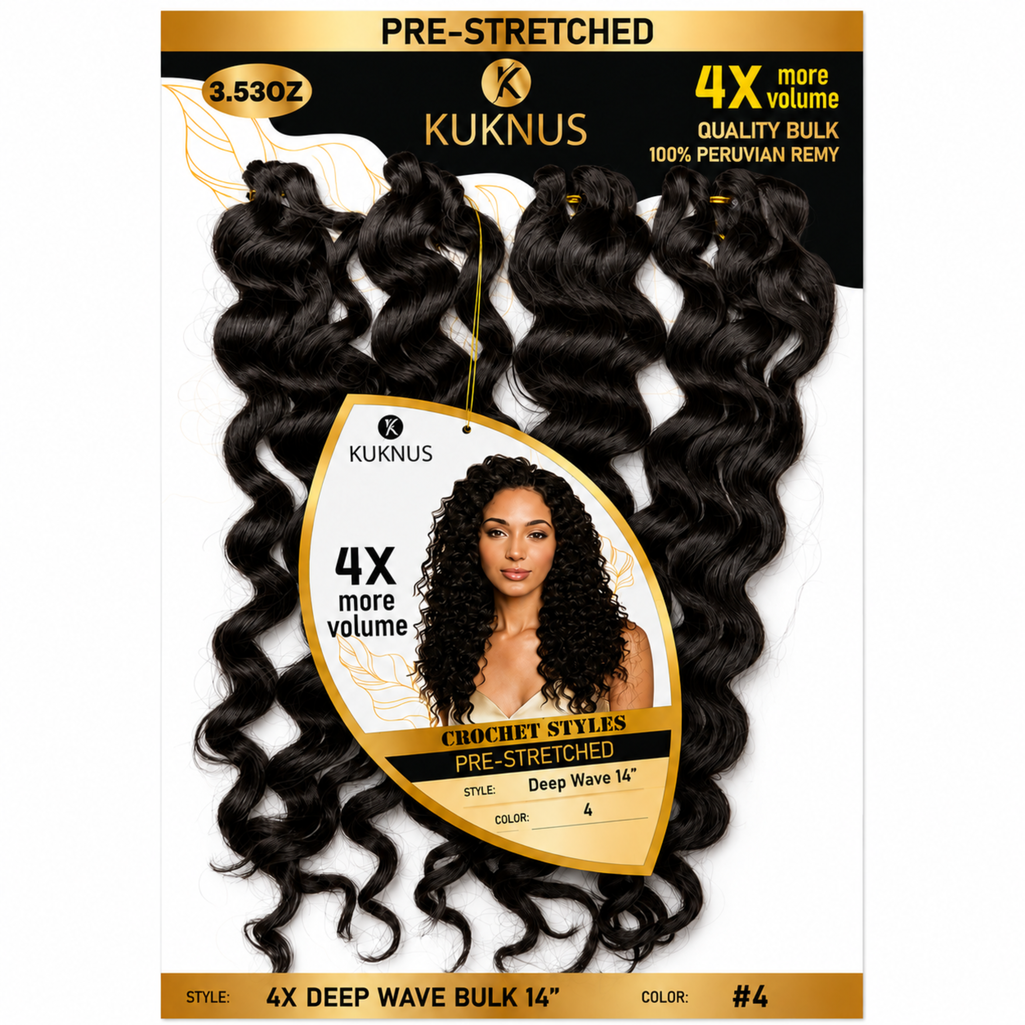 Kuknus 4X Pre-Stretched Peruvian Remy Quality Deep Wave Bulk Hair 14" (4)