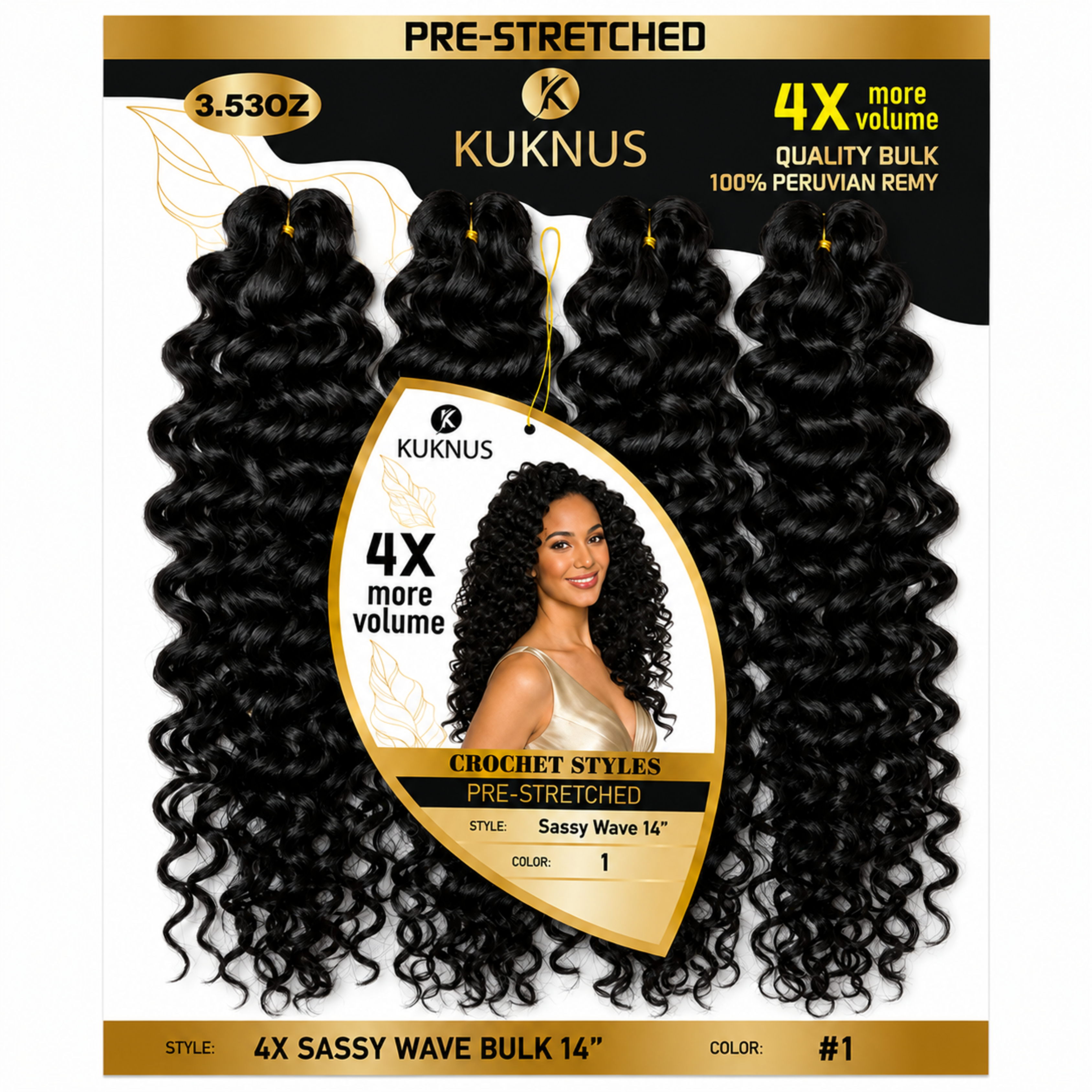 Kuknus 4X Pre-Stretched Peruvian Remy Quality Sassy Wave Bulk Hair 14" (1)