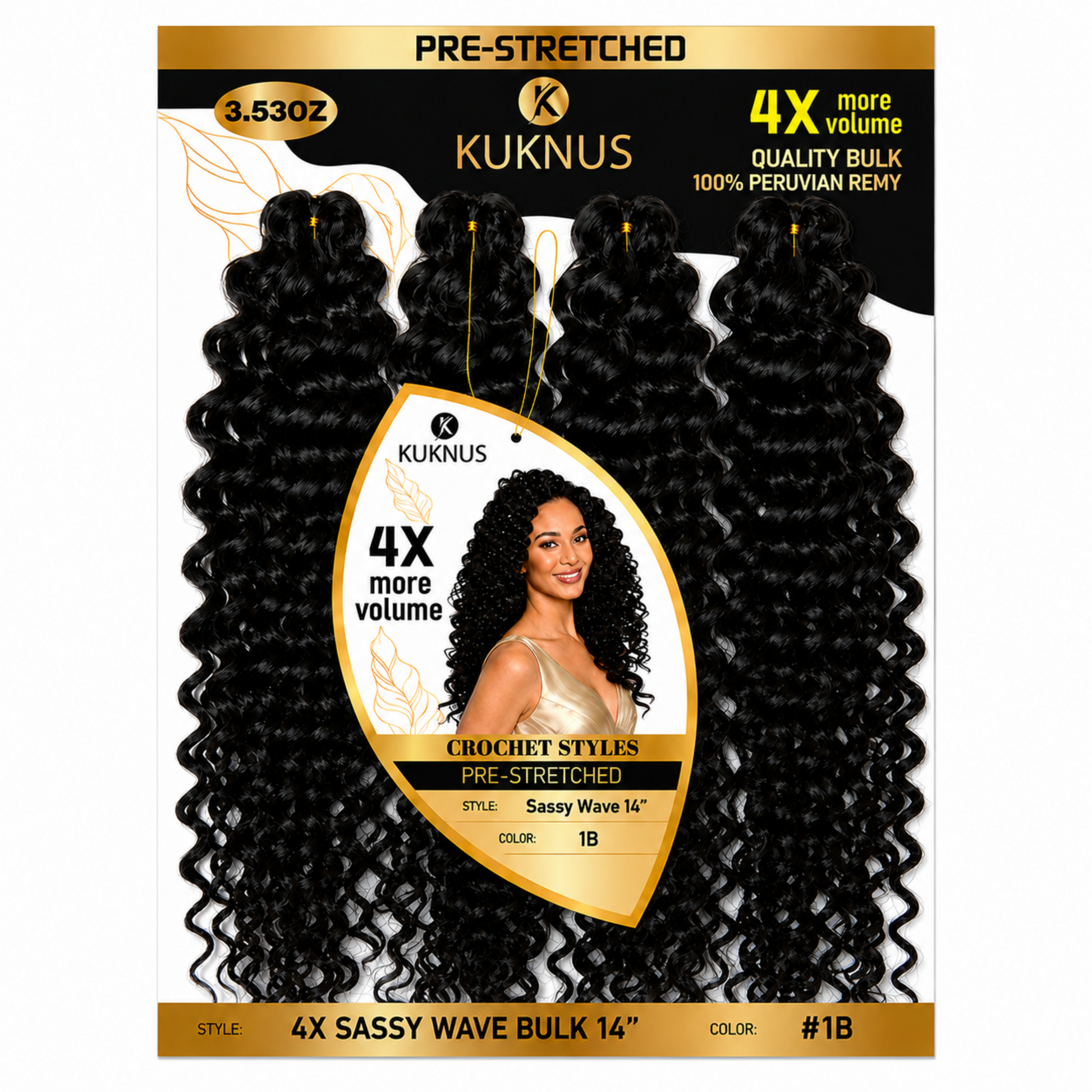 Kuknus 4X Pre-Stretched Peruvian Remy Quality Sassy Wave Bulk Hair 14" (1B)