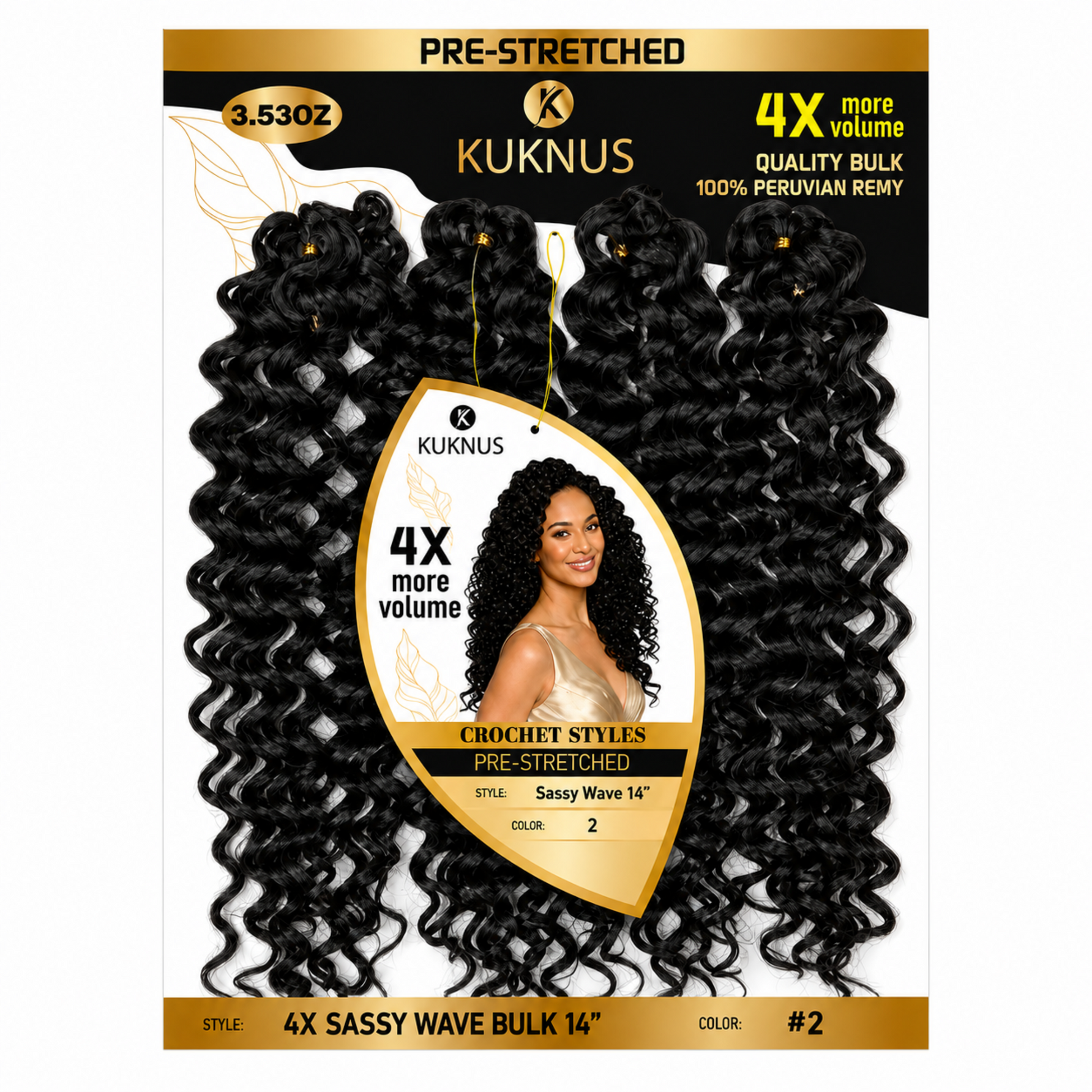 Kuknus 4X Pre-Stretched Peruvian Remy Quality Sassy Wave Bulk Hair 14" (2)