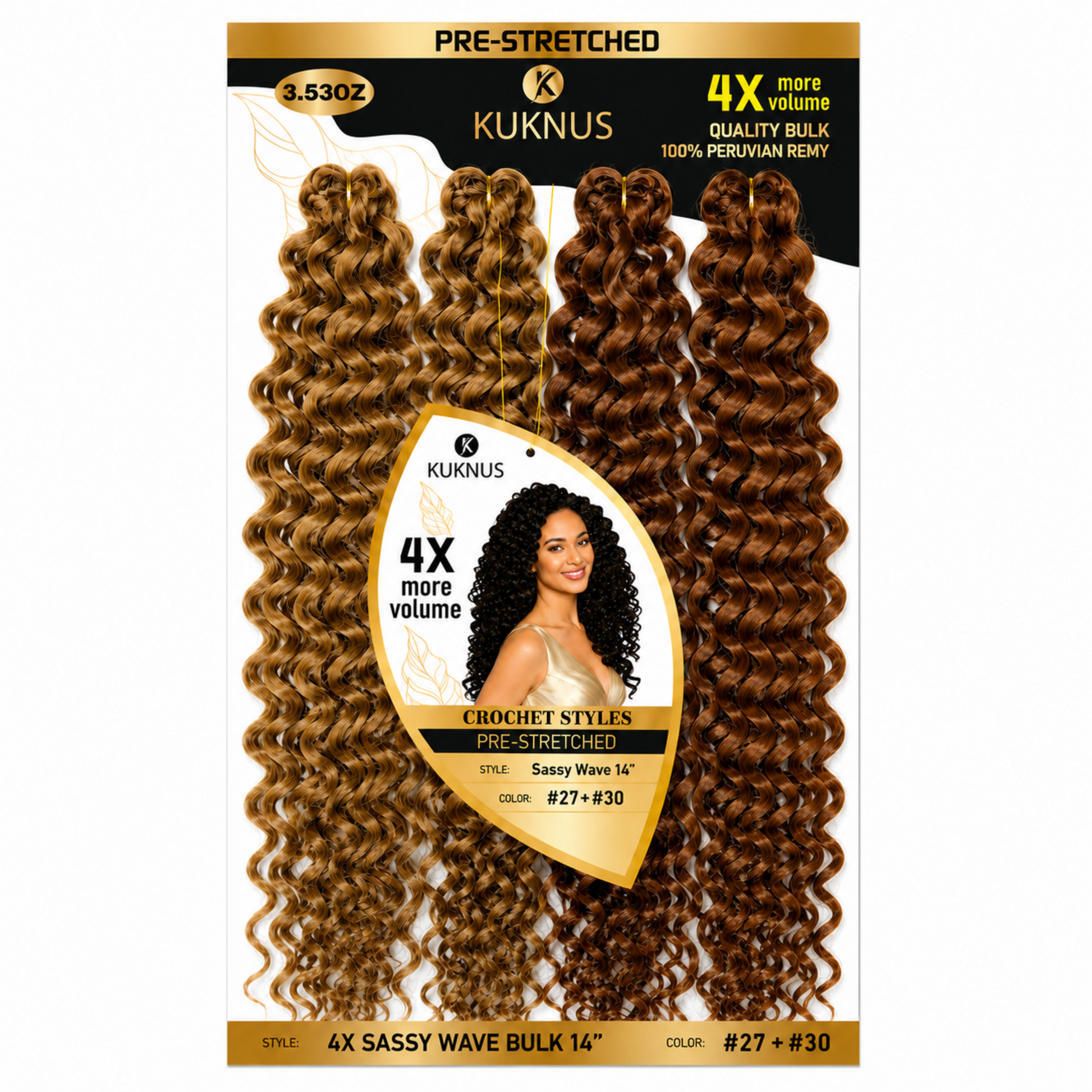 Kuknus 4X Pre-Stretched Peruvian Remy Quality Sassy Wave Bulk Hair 14" (27+30)