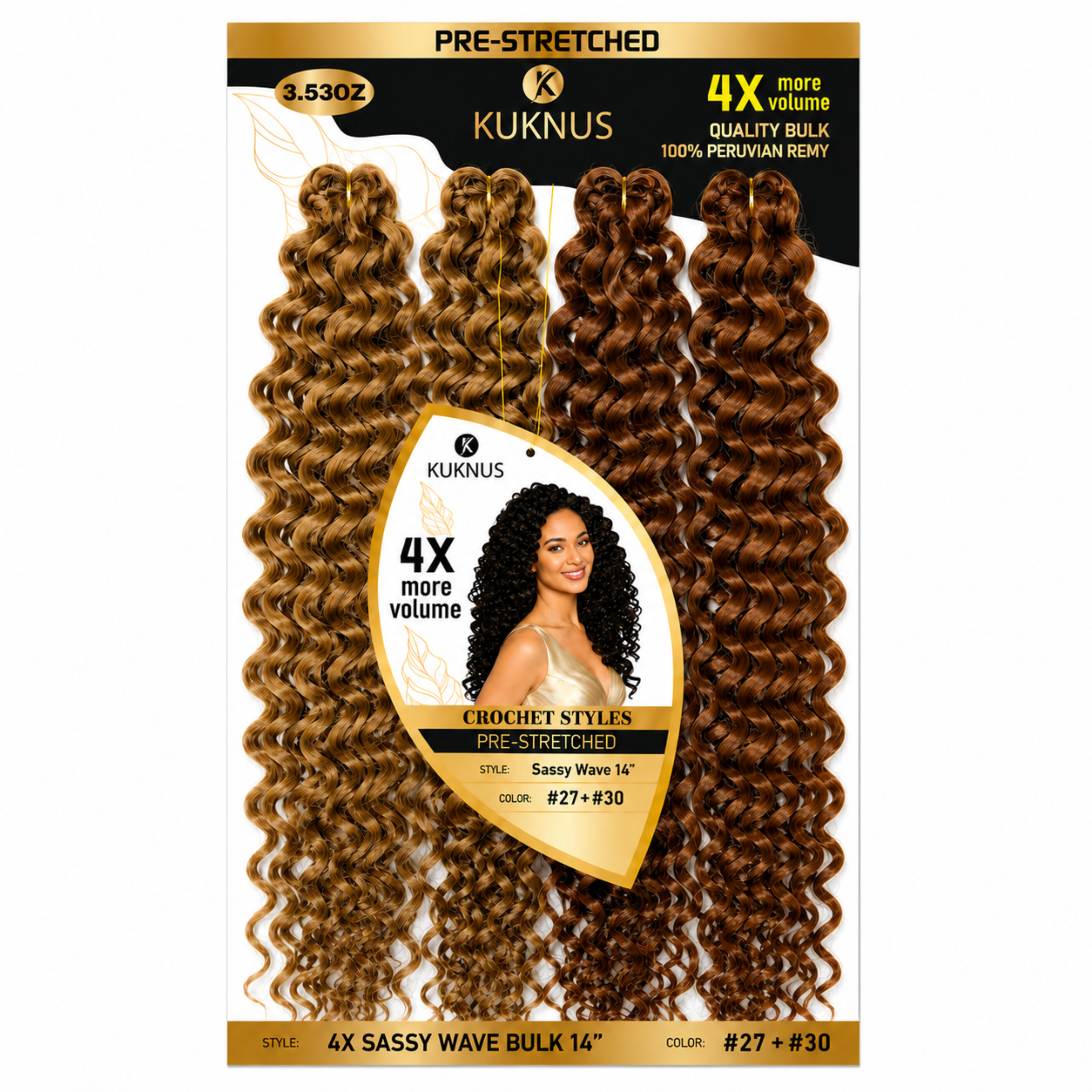 Kuknus 4X Pre-Stretched Peruvian Remy Quality Sassy Wave Bulk Hair 14" (27+30)