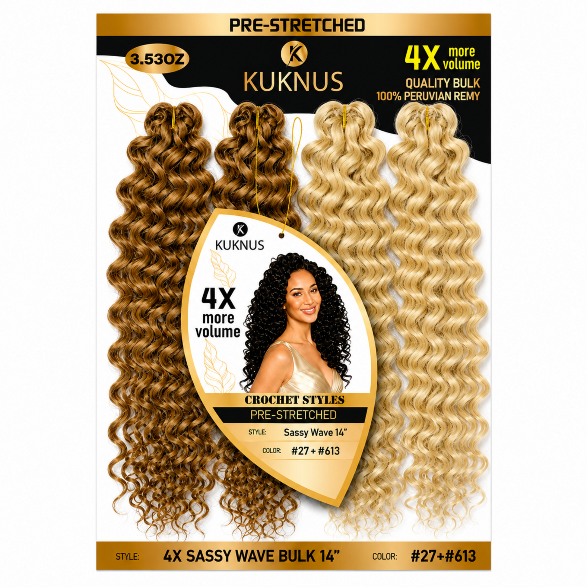 Kuknus 4X Pre-Stretched Peruvian Remy Quality Sassy Wave Bulk Hair 14" (27+613)