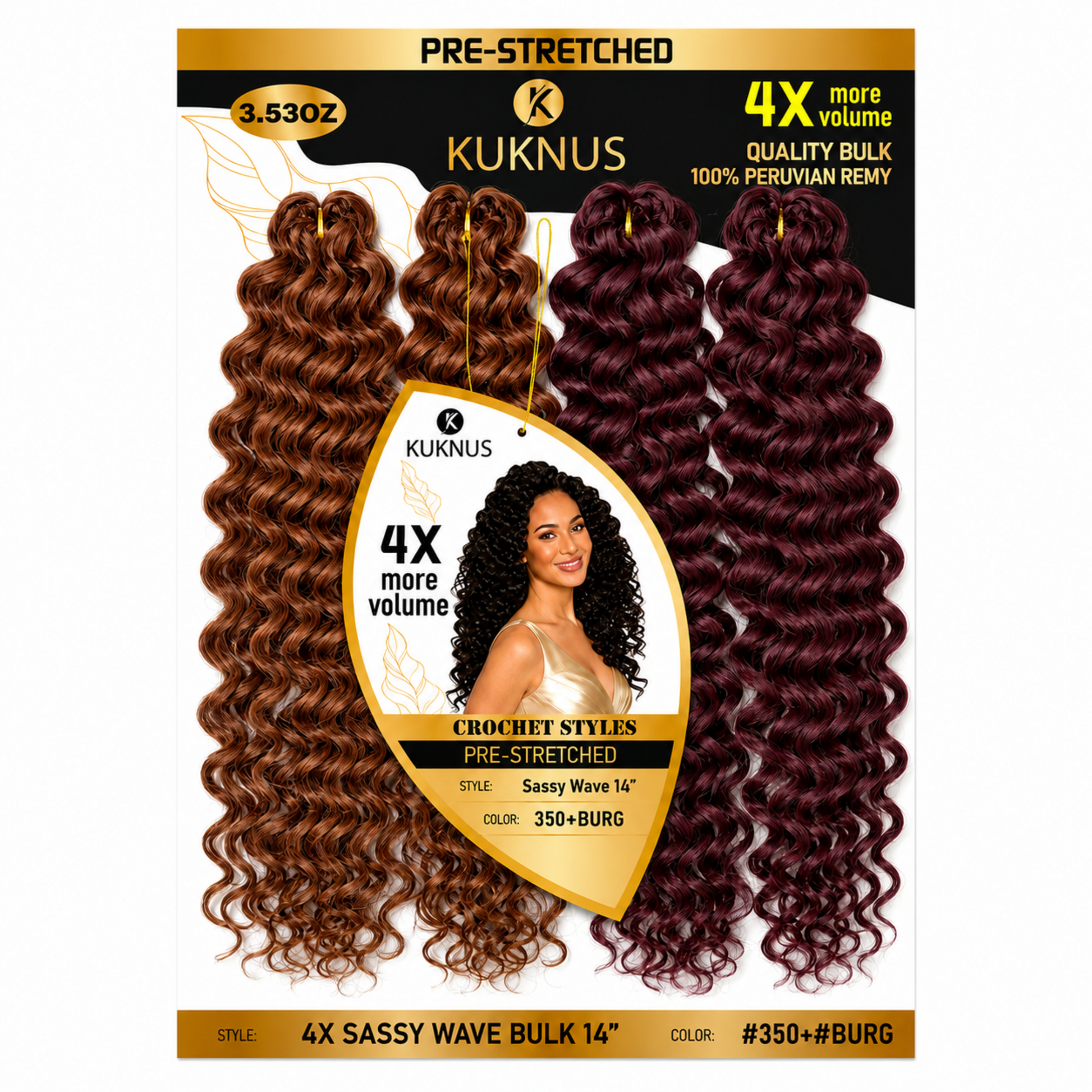 Kuknus 4X Pre-Stretched Peruvian Remy Quality Sassy Wave Bulk Hair 14 (350+BURG)