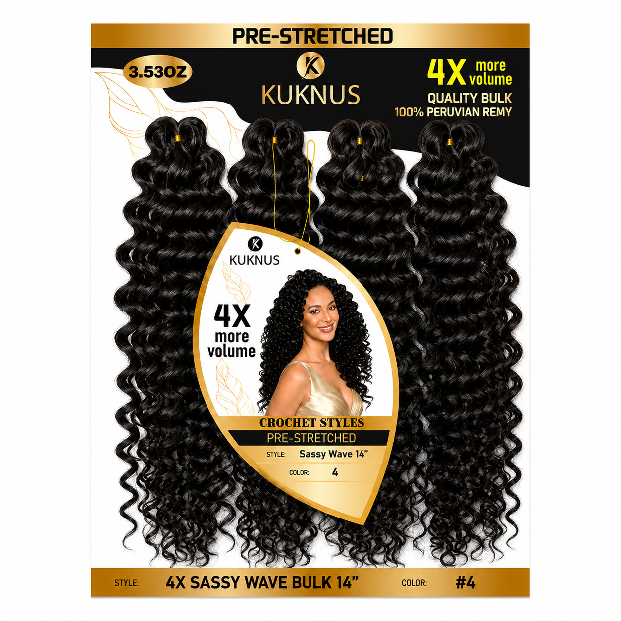 Kuknus 4X Pre-Stretched Peruvian Remy Quality Sassy Wave Bulk Hair 14" (4)