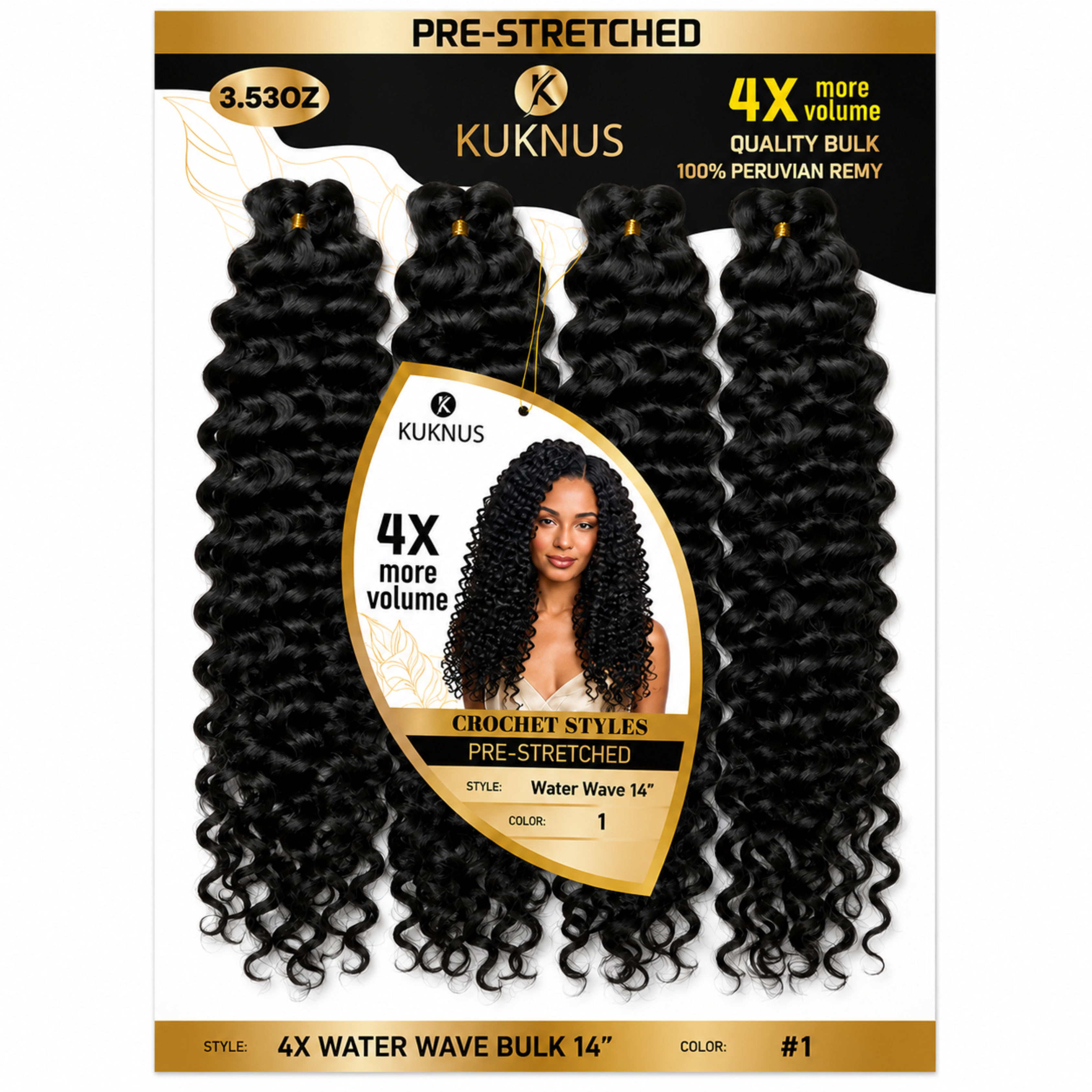 Kuknus 4X Pre-Stretched Peruvian Remy Quality Water Wave Bulk Hair 14" (1)