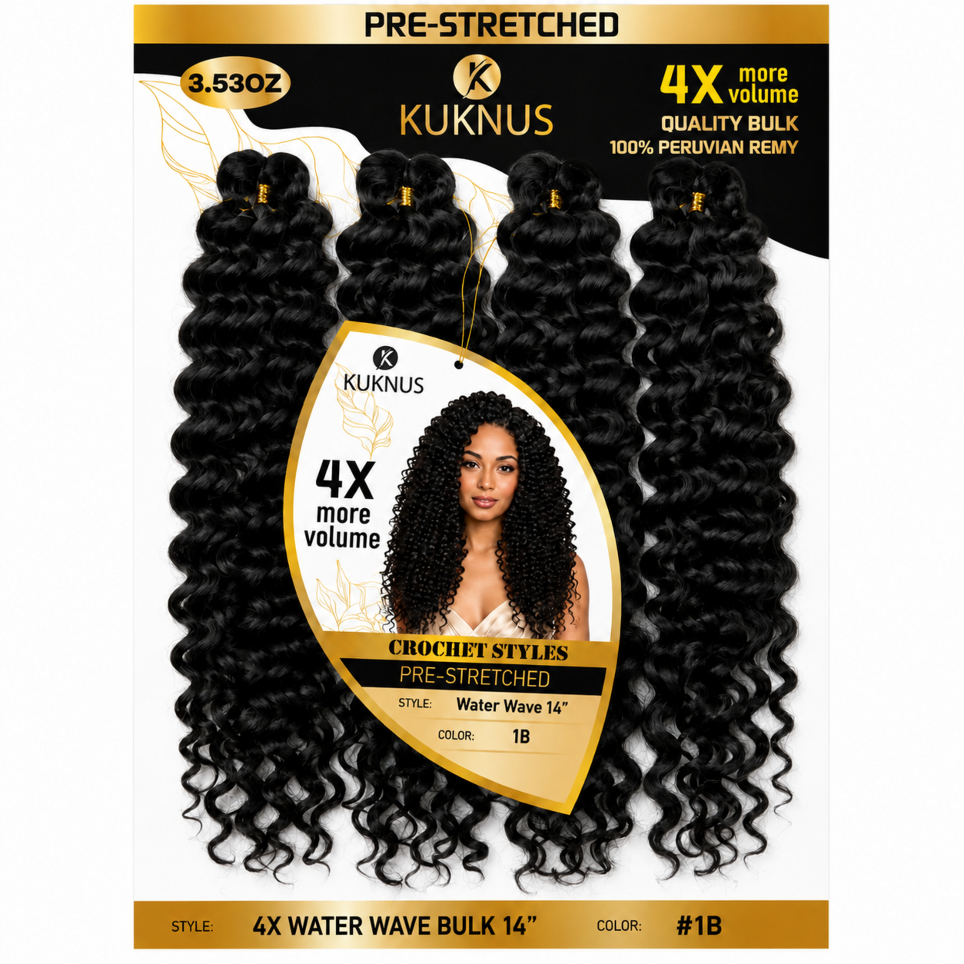 Kuknus 4X Pre-Stretched Peruvian Remy Quality Water Wave Bulk Hair 14" (1B)