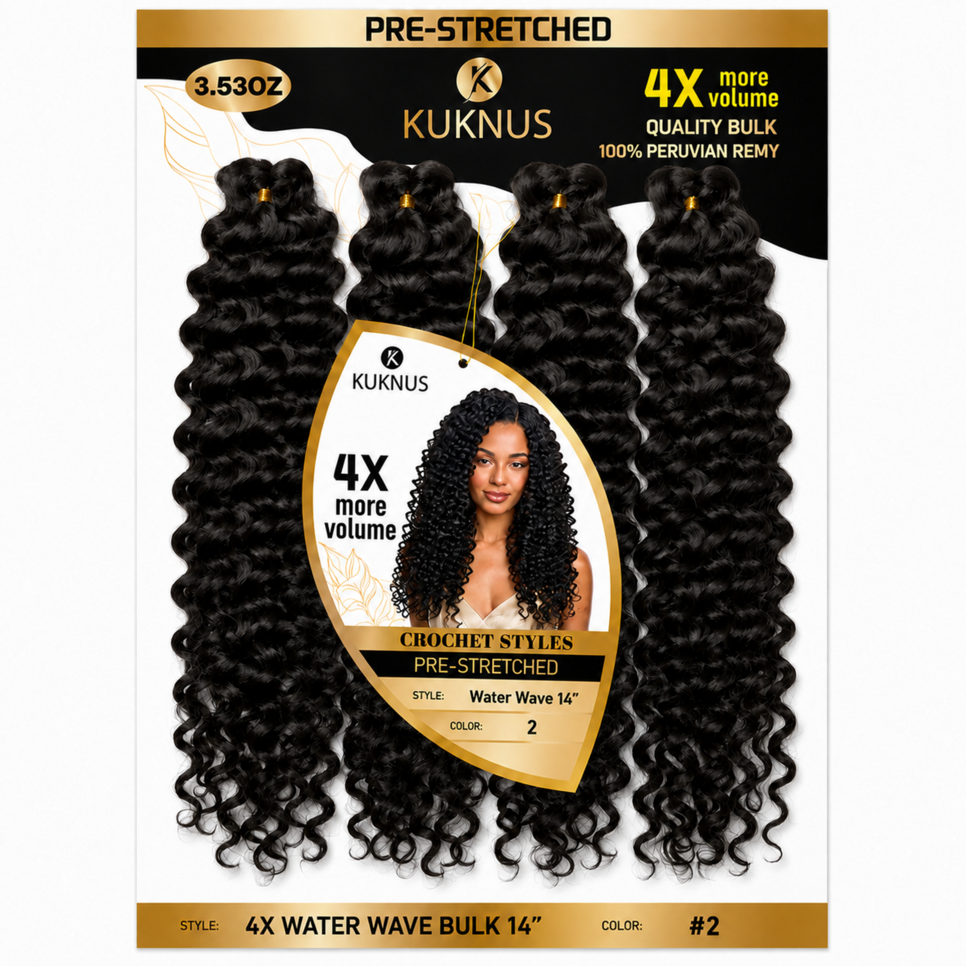 Kuknus 4X Pre-Stretched Peruvian Remy Quality Water Wave Bulk Hair 14" (2)