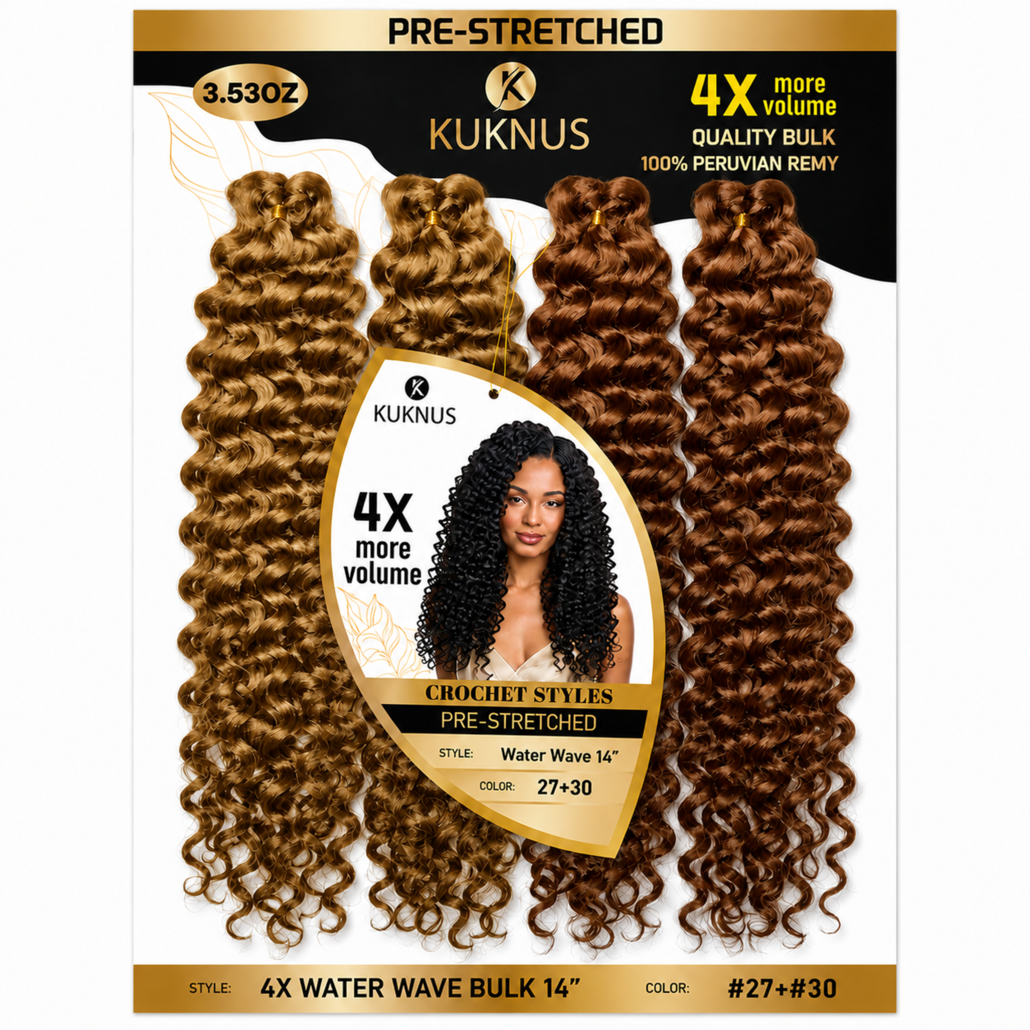 Kuknus 4X Pre-Stretched Peruvian Remy Quality Water Wave Bulk Hair 14" (27+30)