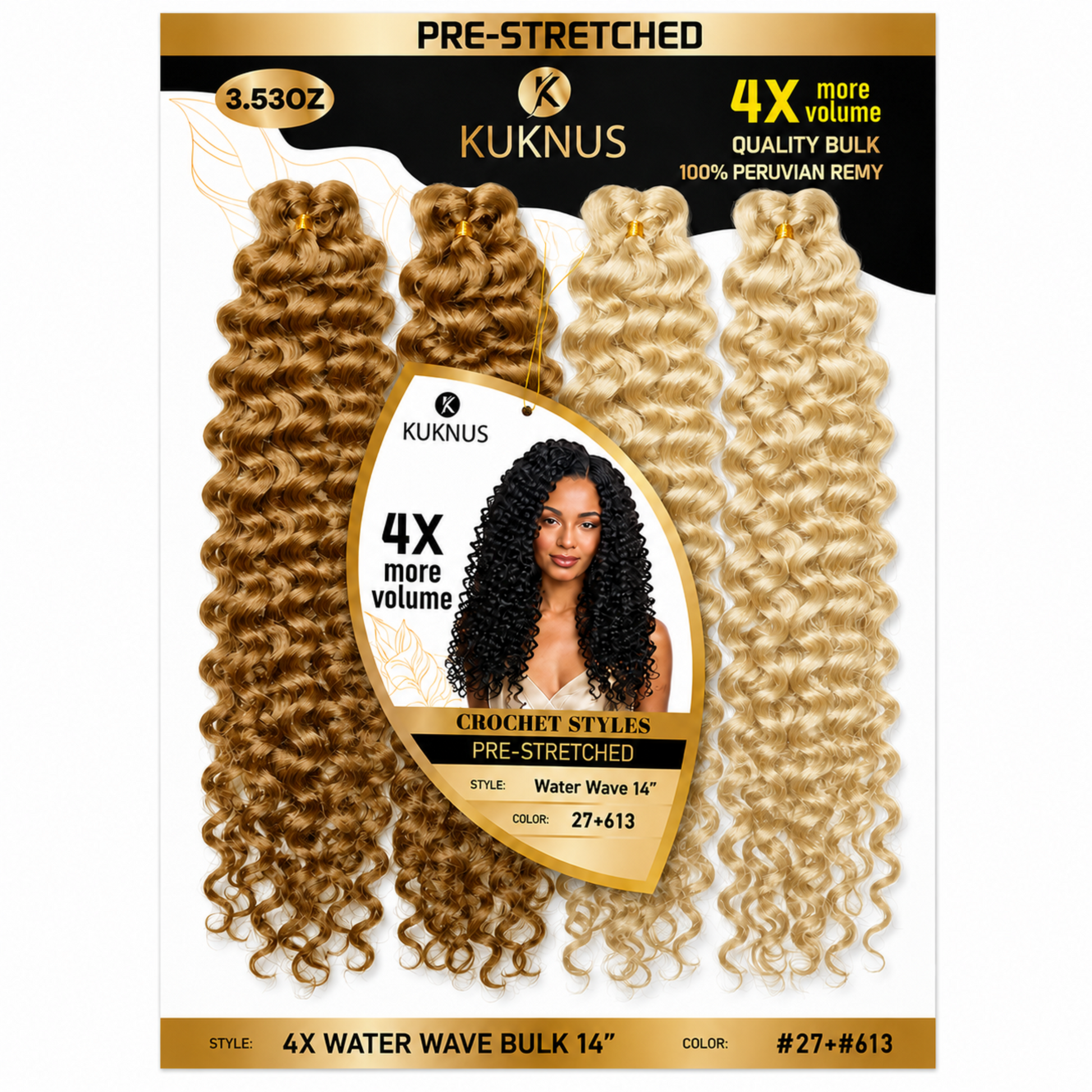 Kuknus 4X Pre-Stretched Peruvian Remy Quality Water Wave Bulk Hair 14" (27+613)