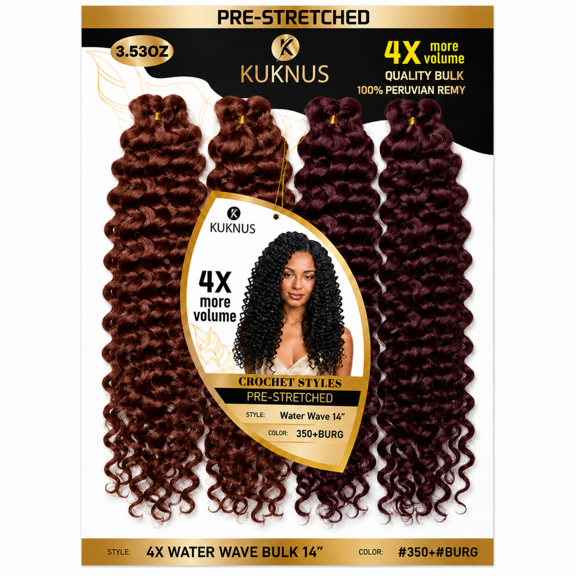 Kuknus 4X Pre-Stretched Peruvian Remy Quality Water Wave Bulk Hair 14" 350+BURG