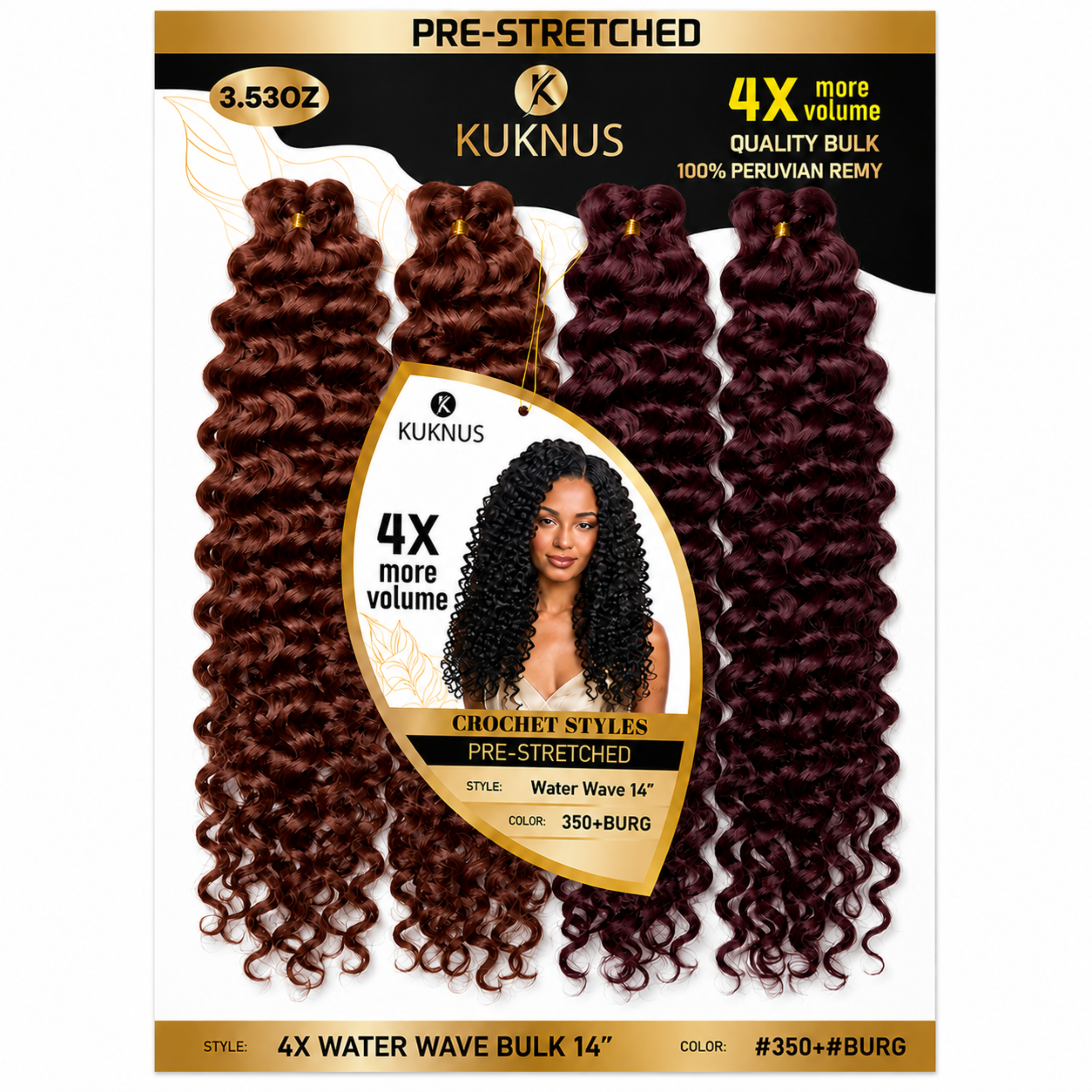 Kuknus 4X Pre-Stretched Peruvian Remy Quality Water Wave Bulk Hair 14" 350+BURG