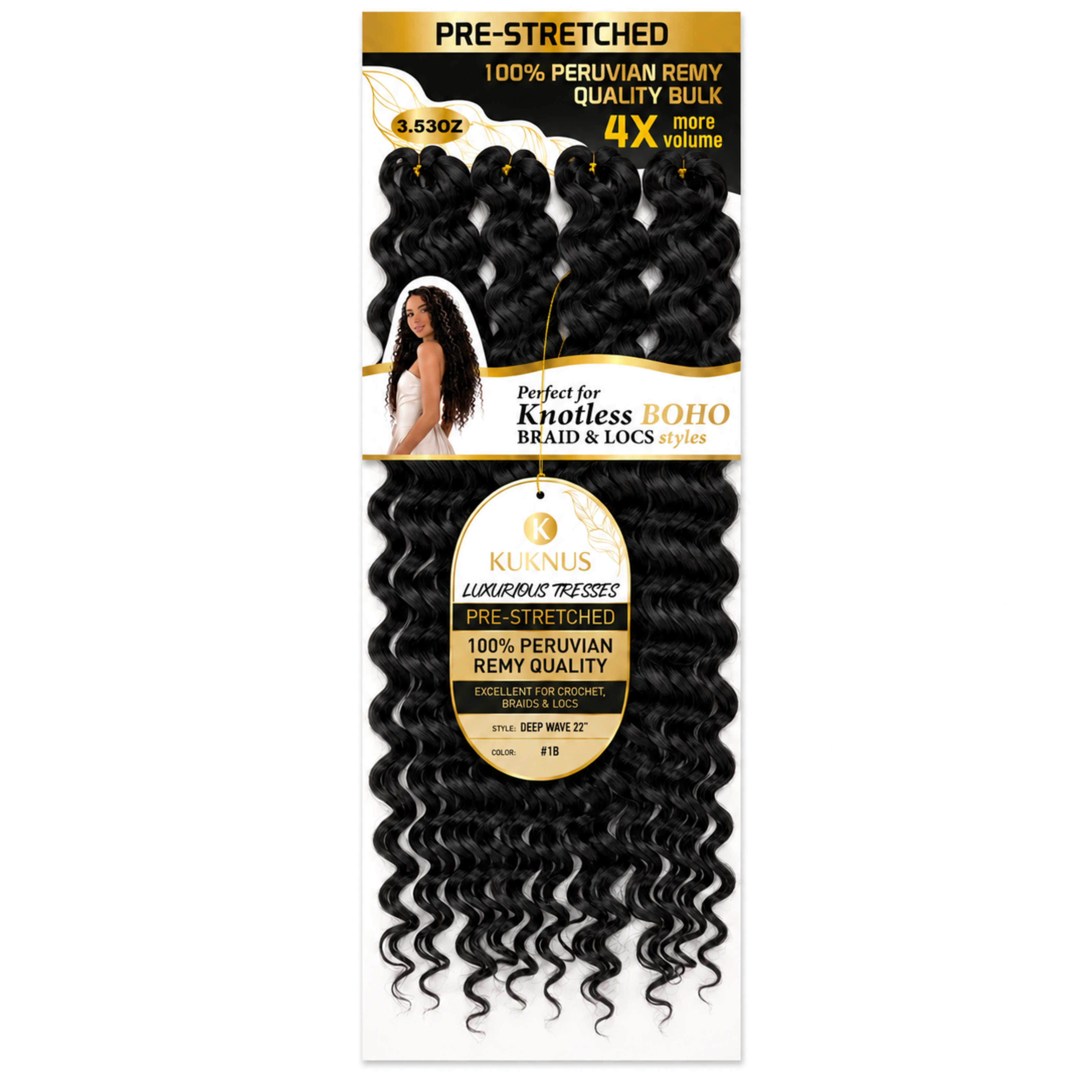 Kuknus Luxurious Tresses 100% Peruvian Remy Quality Deep Wave 22" (1B)