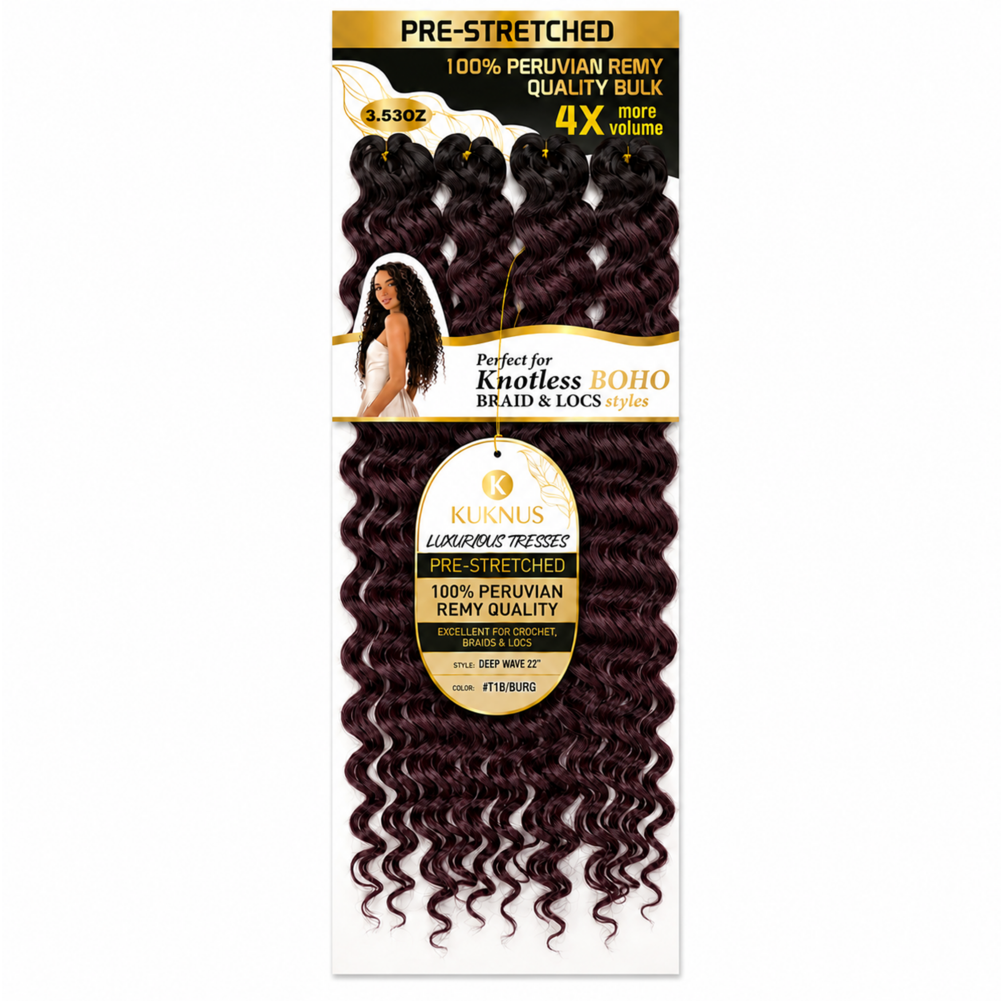 Kuknus Luxurious Tresses 100% Peruvian Remy Quality Deep Wave 22" (T1B/BURG)
