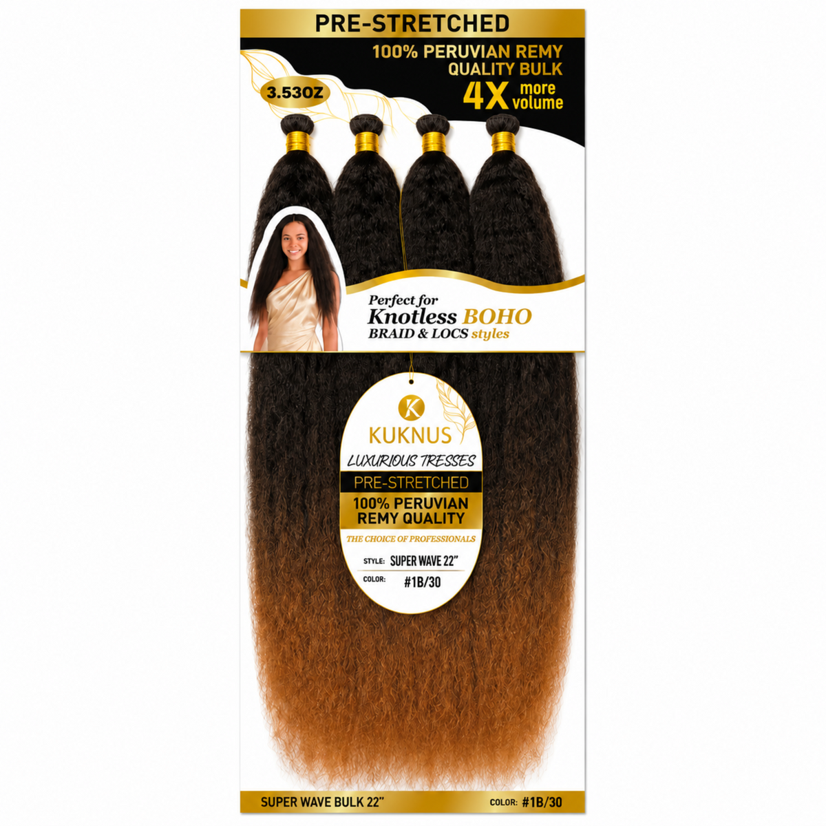 Kuknus Luxurious Tresses 100% Peruvian Remy Quality Super Wave 22" (1B/30)