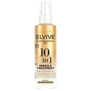 front view of L'Oréal Paris Elvive Extraordinary 10 in 1 Miracle Treatment 150ml a treatment with 10 benefits for hair in a gold and white spray bottle on a white clean background