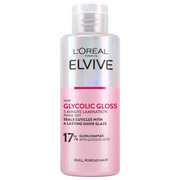 front view of L'Oréal Paris Elvive Glycolic Gloss 5-Minute Lamination Treatment 200ml a smoothing treatment for hair, in a pink and silver bottle against a clean white background