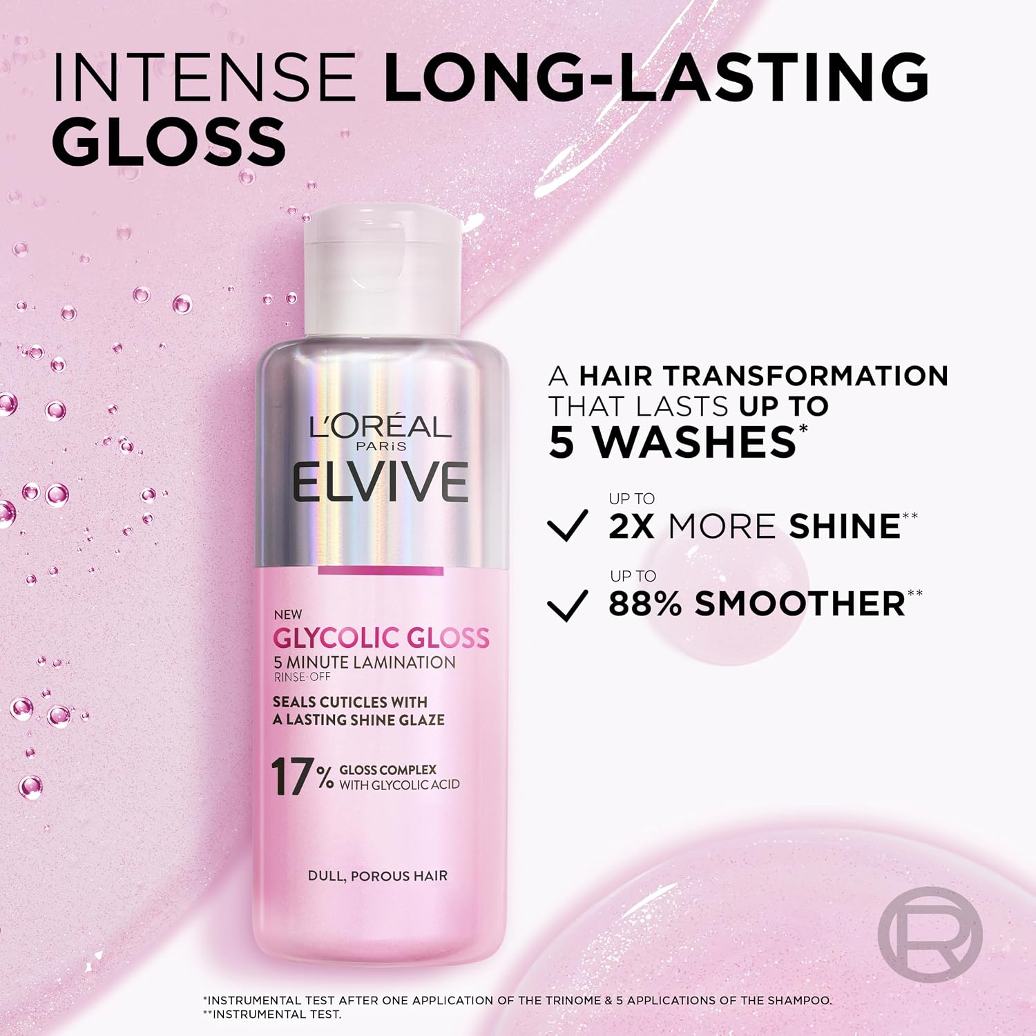L'Oréal Paris Elvive Glycolic Gloss 5-Minute Lamination Treatment 200ml list of benefits with bottle on the left and texture visual 