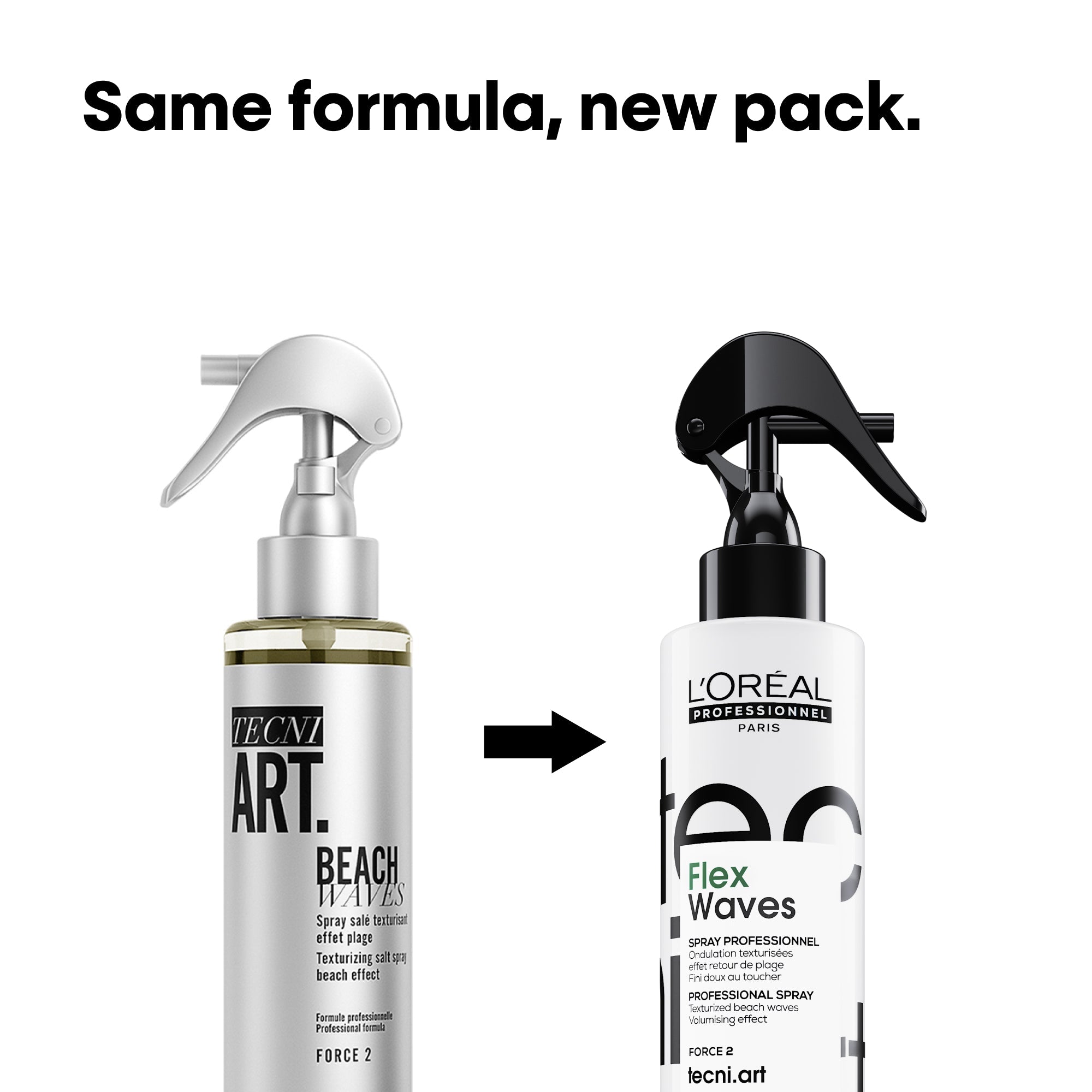 L'Oréal Professionnel Tecni.Art Flex Waves Salt spray showing previous and new packaging with the same formula