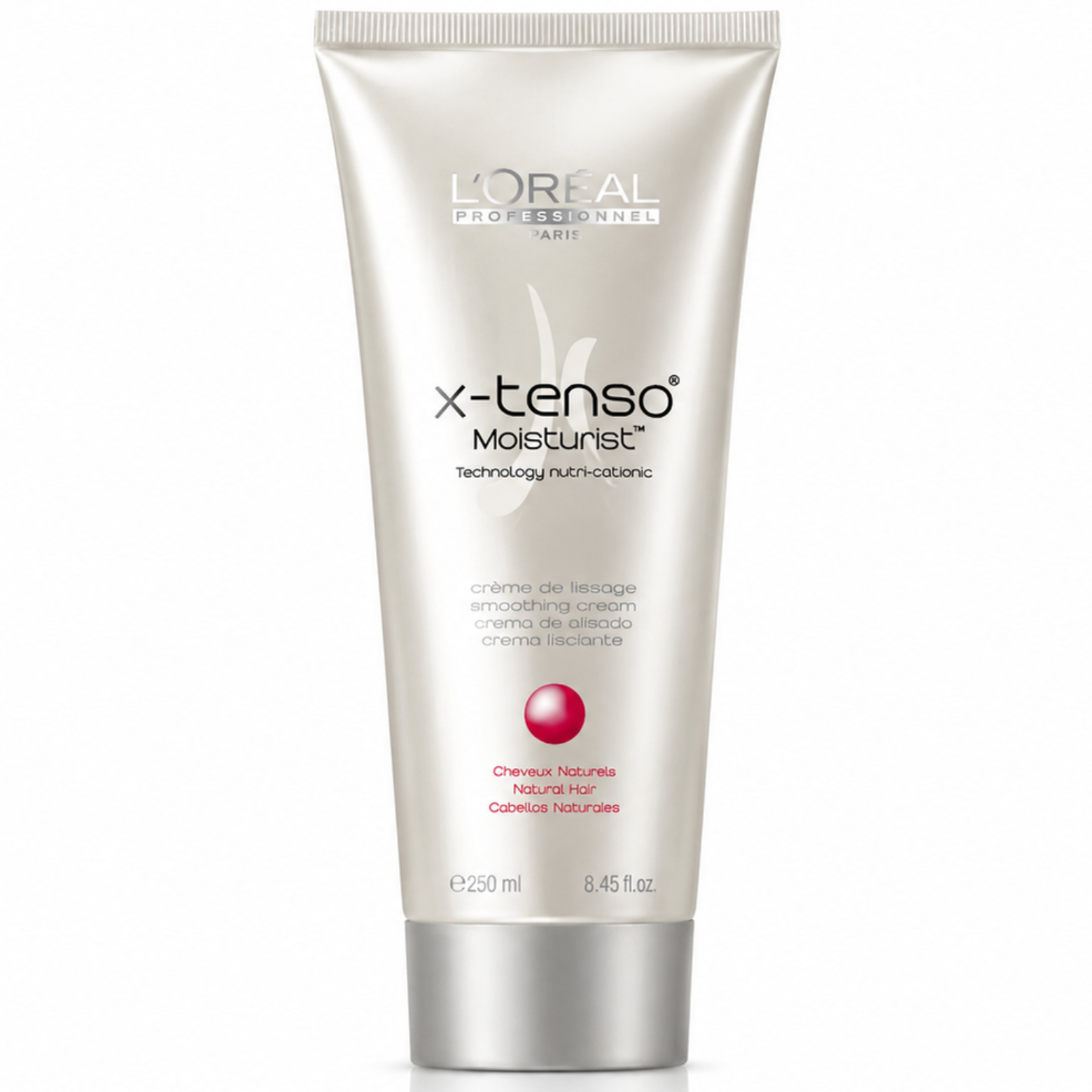 L'Oréal Professionnel X-Tenso Moisturist Smoothing Cream for Natural Hair 250ml professional hair straightening cream for natural hair with nutri-cationic technology in a tube on a white background