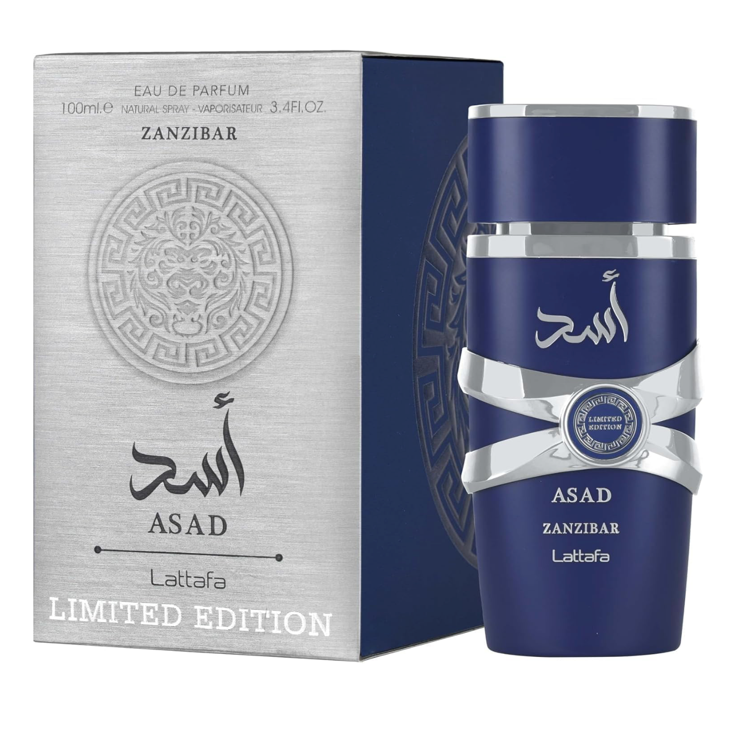 Lattafa Asad Zanzibar Limited Edition Eau De Parfum 100ml with the navy blue fragrance bottle displayed beside its silver and blue presentation box.