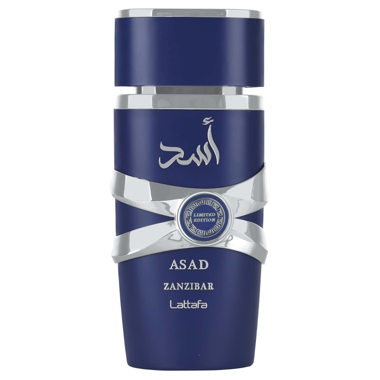 Lattafa Asad Zanzibar Limited Edition Eau De Parfum 100ml bottle in navy blue with silver detailing on a white background.