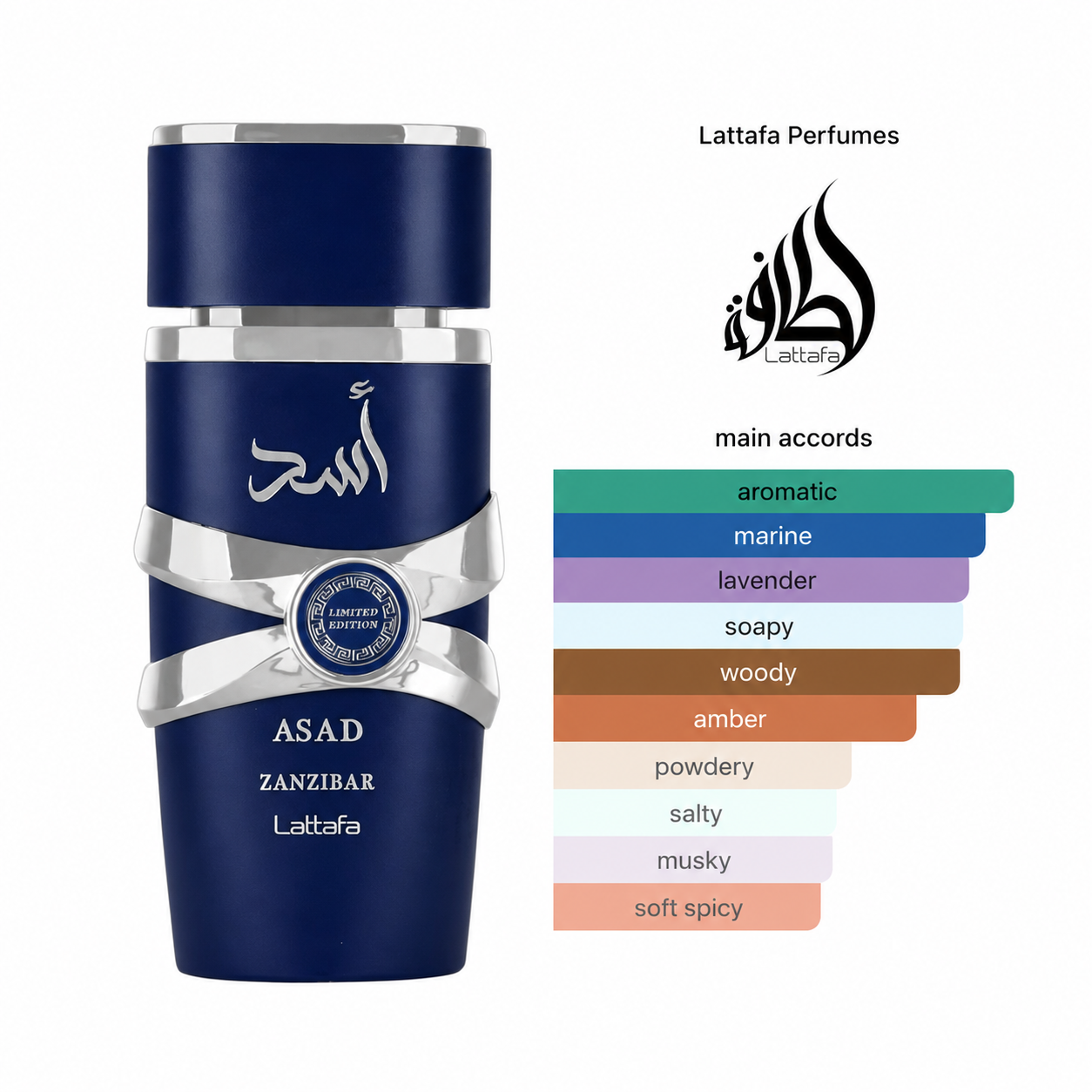 Lattafa Asad Zanzibar Limited Edition Eau De Parfum 100ml fragrance profile showing aromatic, marine, lavender, soapy, woody, amber, powdery, salty, musky and soft spicy accords.