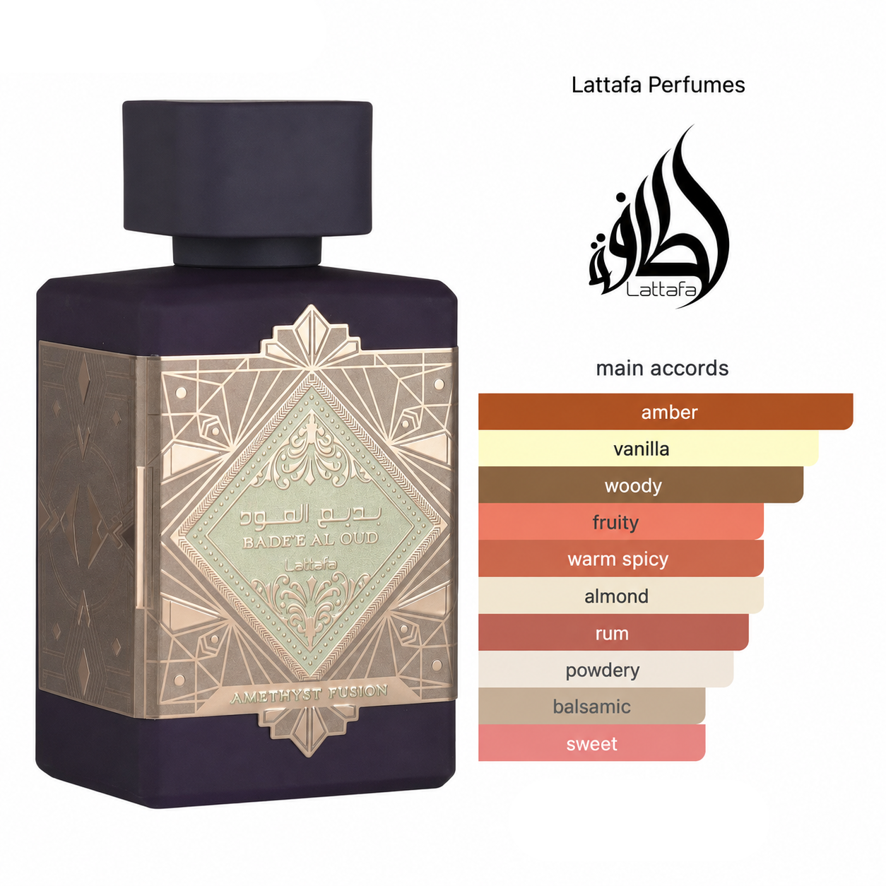 Fragrance accord chart highlighting the warm amber, vanilla and woody profile of Lattafa Badee Al Oud Amethyst Fusion Eau De Parfum.
