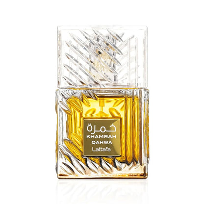 Lattafa Khamrah Qahwa Eau De Parfum 100ml front of bottle without box in white background