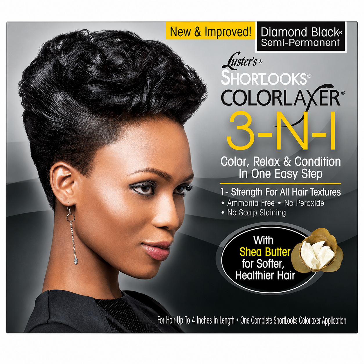 Luster’s ShortLooks Colorlaxer 3-N-1 Diamond Black semi-permanent hair colour, relaxer and conditioner kit with shea butter for short hair up to four inches