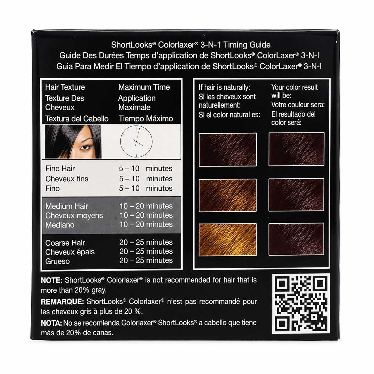 Luster’s ShortLooks Colorlaxer 3-N-1 Diamond Black application timing guide for fine, medium and coarse hair, with colour result chart