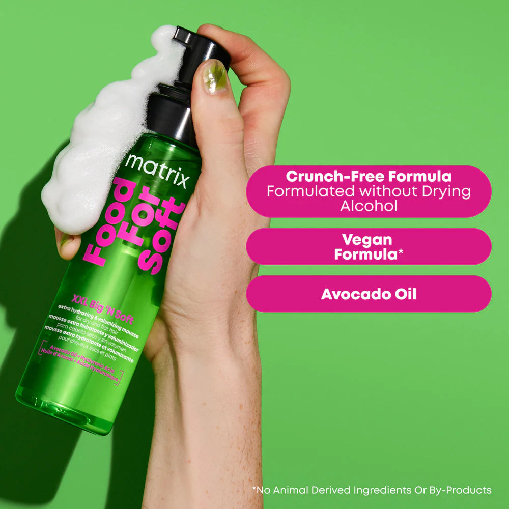 Matrix Food For Soft XXL Big 'N Soft Volumizing Mousse featuring a crunch-free vegan formula with avocado oil for hydrated, voluminous hair.