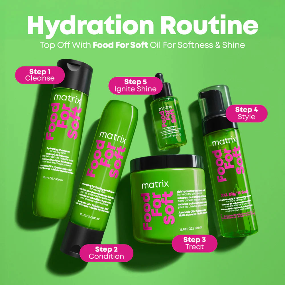 Matrix Food For Soft haircare routine featuring XXL Big 'N Soft Volumizing Mousse alongside shampoo, conditioner, treatment mask and hair oil for hydrated, soft hair.