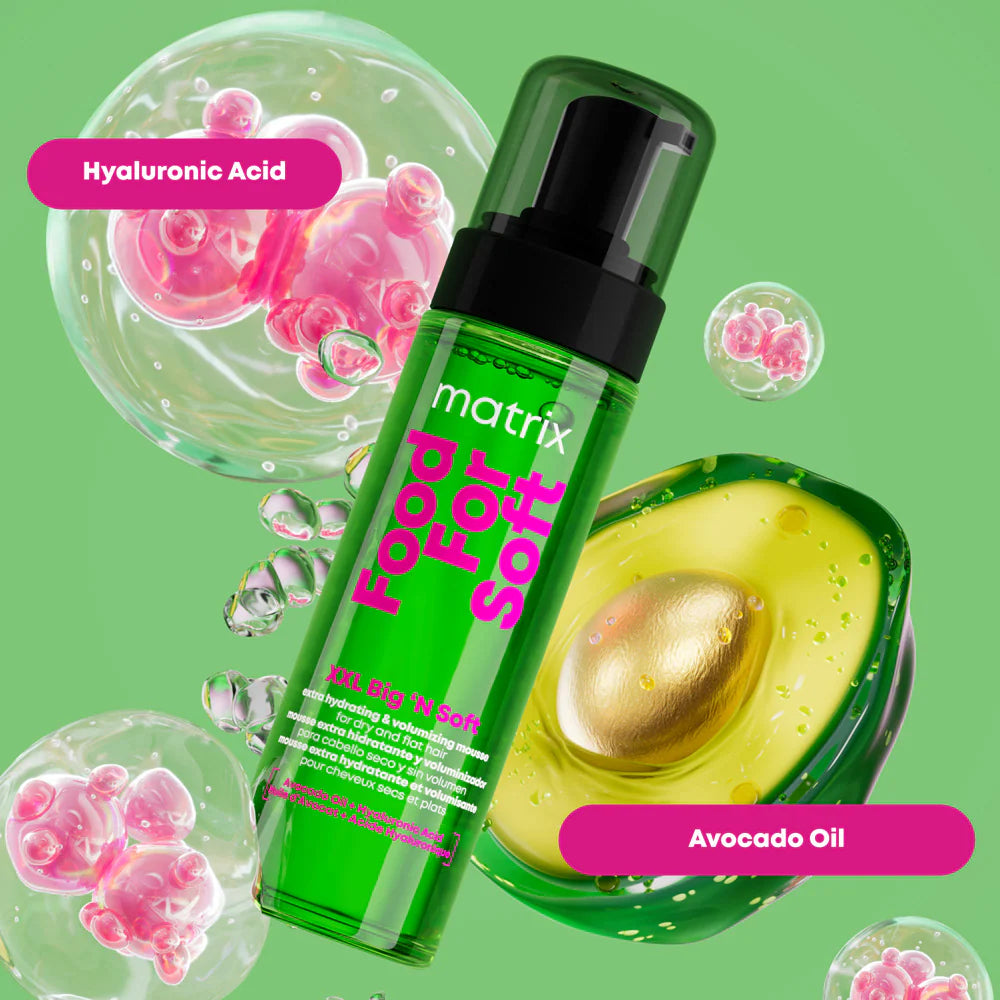 Matrix Food For Soft XXL Big 'N Soft Volumizing Mousse enriched with hyaluronic acid and avocado oil to hydrate dry hair while adding soft, lightweight volume.