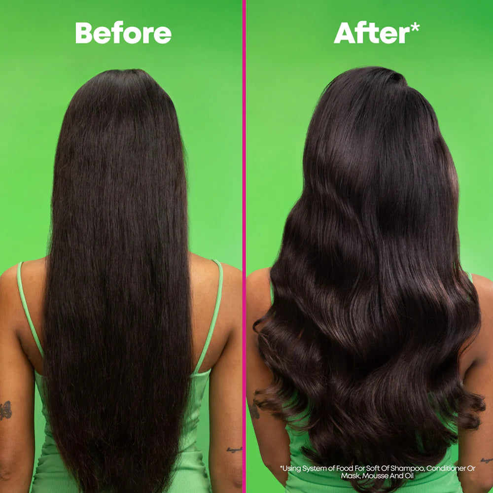 Before and after using Matrix Food For Soft XXL Big 'N Soft Volumizing Mousse showing straight brunette hair transformed into soft, voluminous waves.
