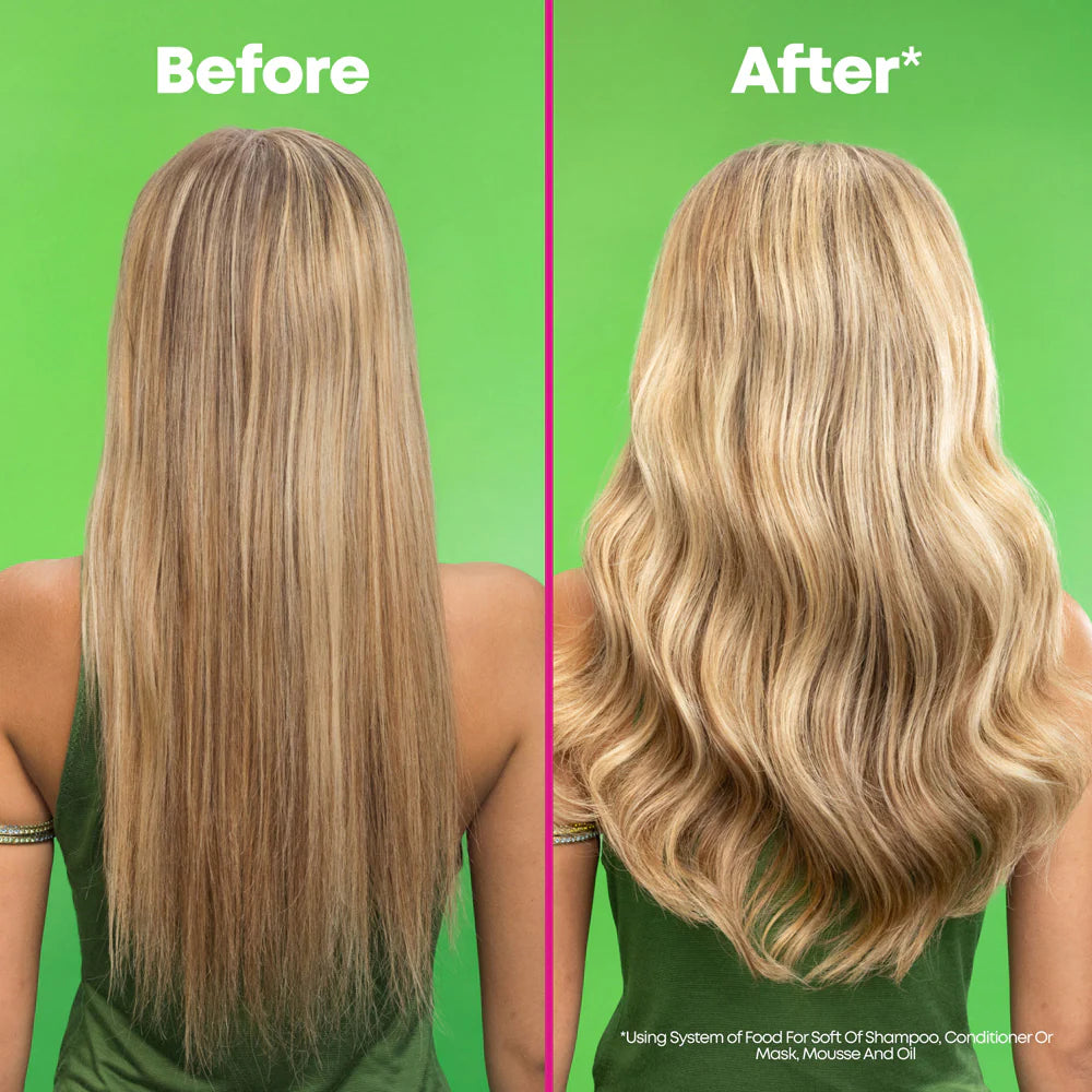 Before and after using Matrix Food For Soft XXL Big 'N Soft Volumizing Mousse showing fine blonde hair transformed into fuller, hydrated, voluminous waves.