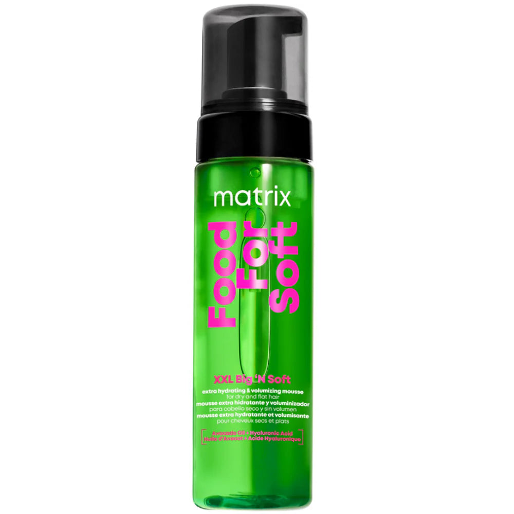 Matrix Food For Soft XXL Big 'N Soft Volumizing Mousse with avocado oil and hyaluronic acid for hydrated, soft, full-bodied hair.