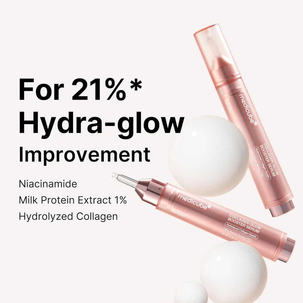 medicube collagen glow booster serum 15ml 21* hydra-glow improvement, key ingredients: niacinamide, milk protein extract 1%, hydrolyzed collagen