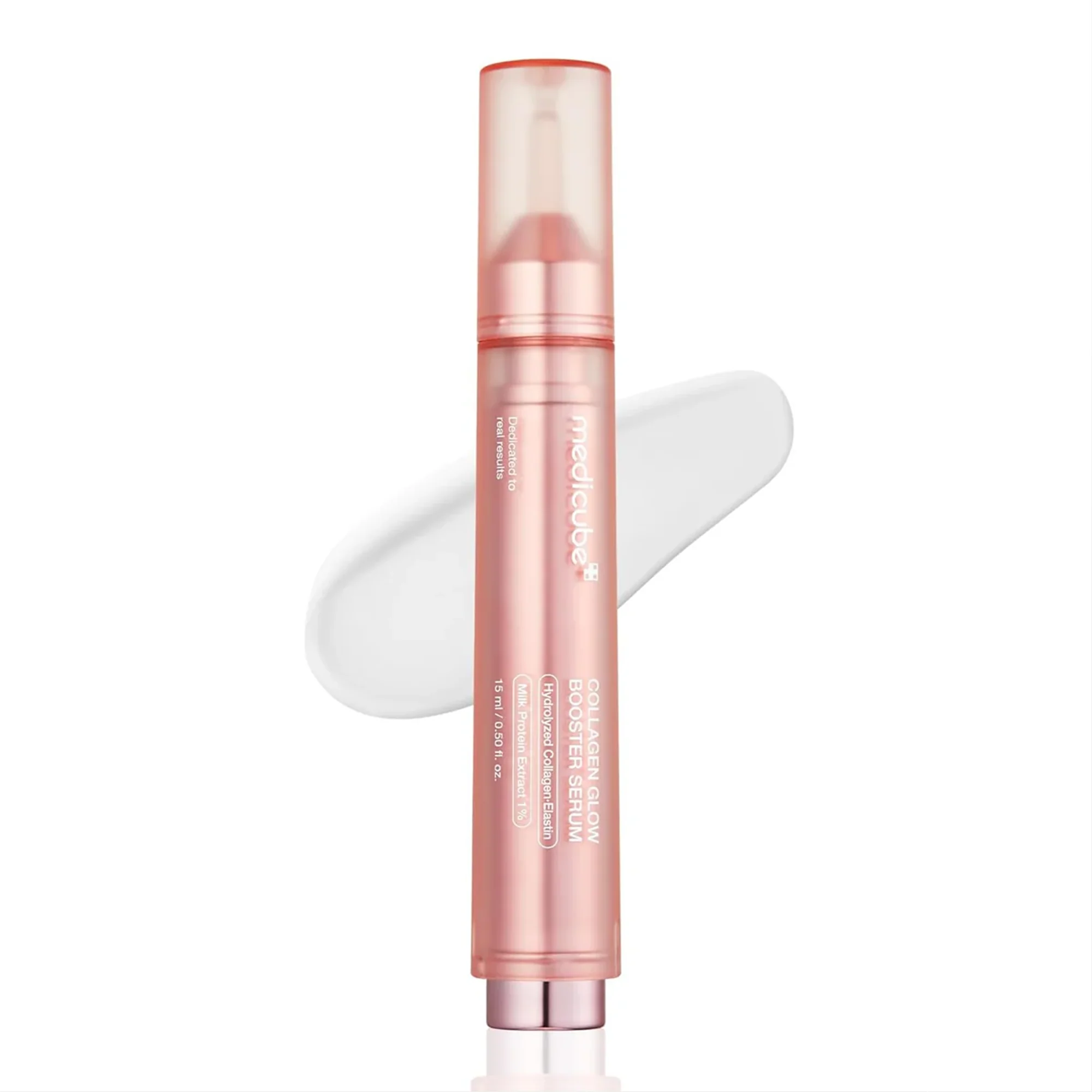 medicube collagen glow booster serum 15ml pink twist and click pen with texture swatch on a clean white background