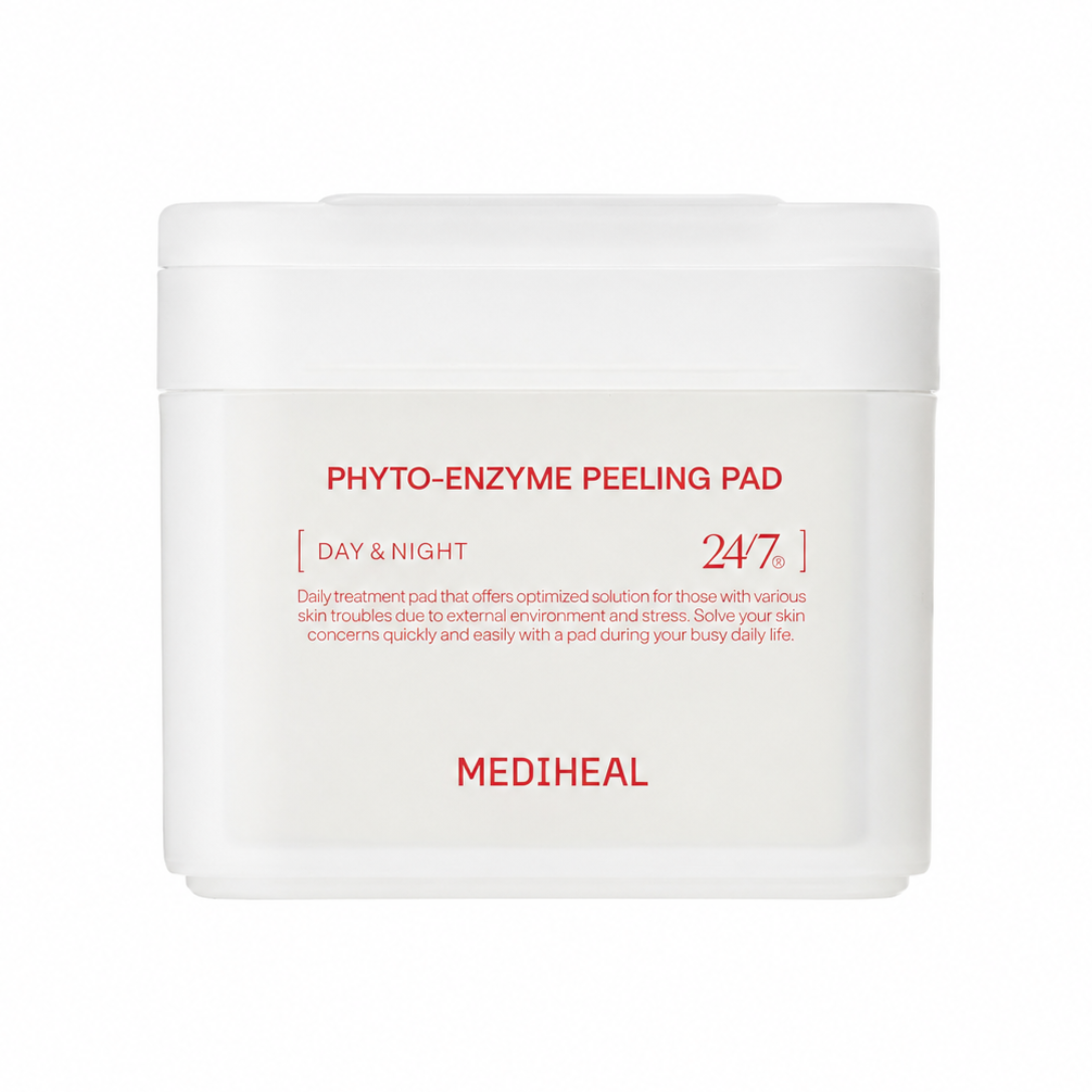 A white plastic jar of MEDIHEAL Phyto-Enzyme Peeling Pad with red text on a clean white background.