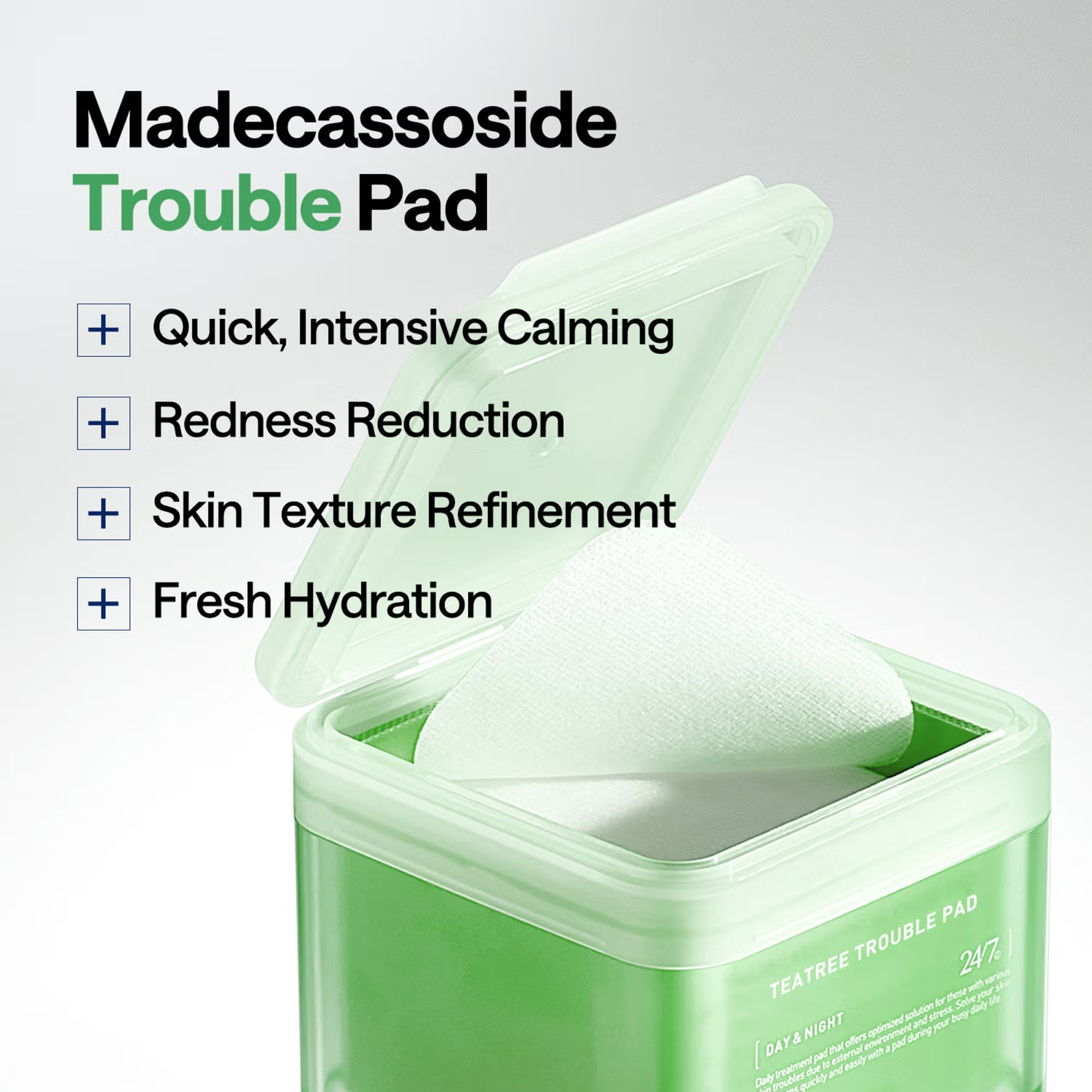 MEDIHEAL Teatree Trouble Pads 100 Pads key benefits infographic