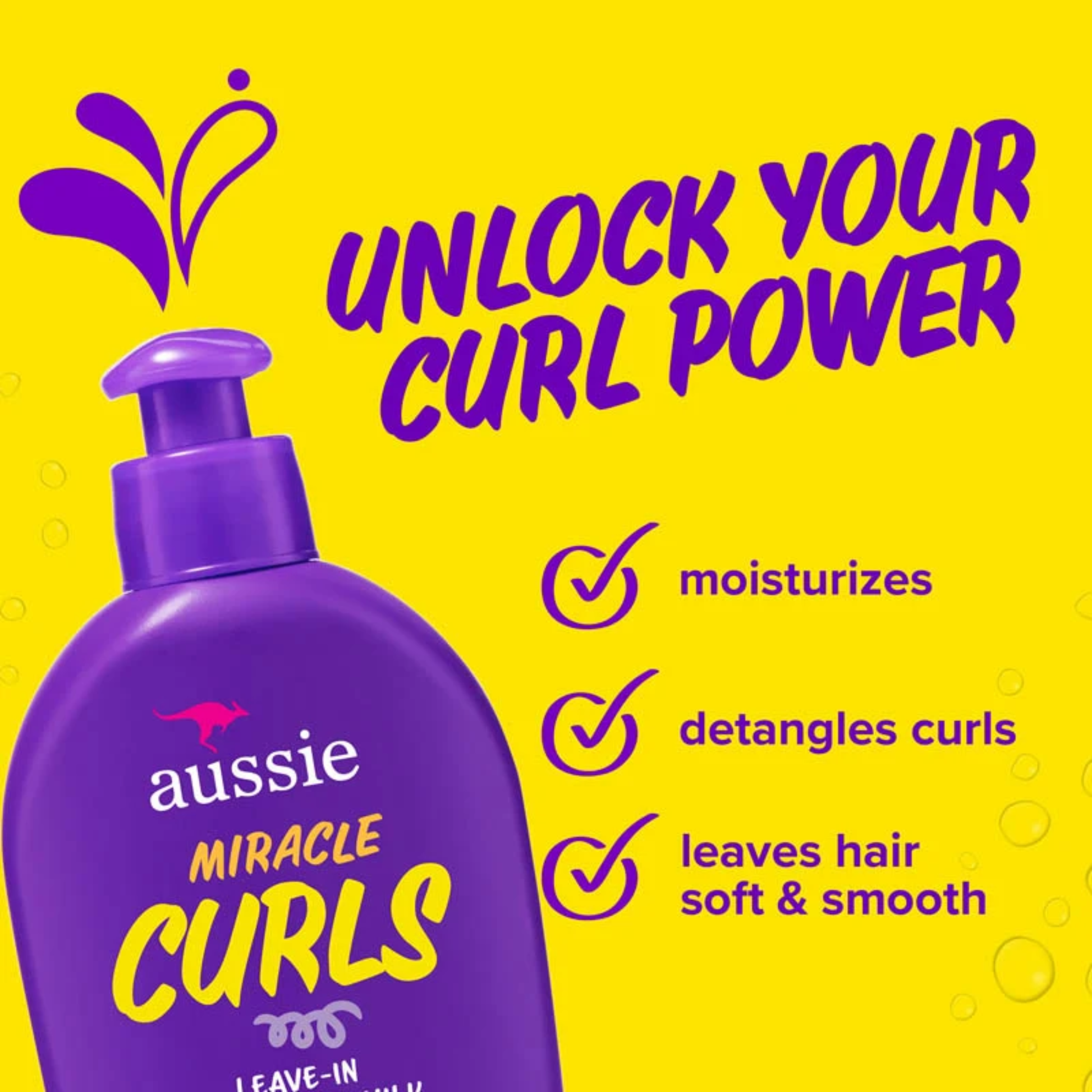 aussie miracle curls leave-in detangling milk 200ml infographic unlock your curl power, moisturising, detangling and smoothing 