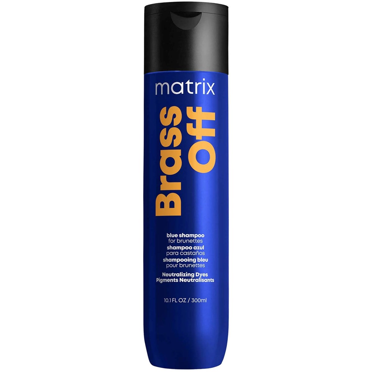 Front view of Matrix Total Results Brass Off Blue Shampoo for brunettes, 300ml blue bottle with black flip-top cap on a white background